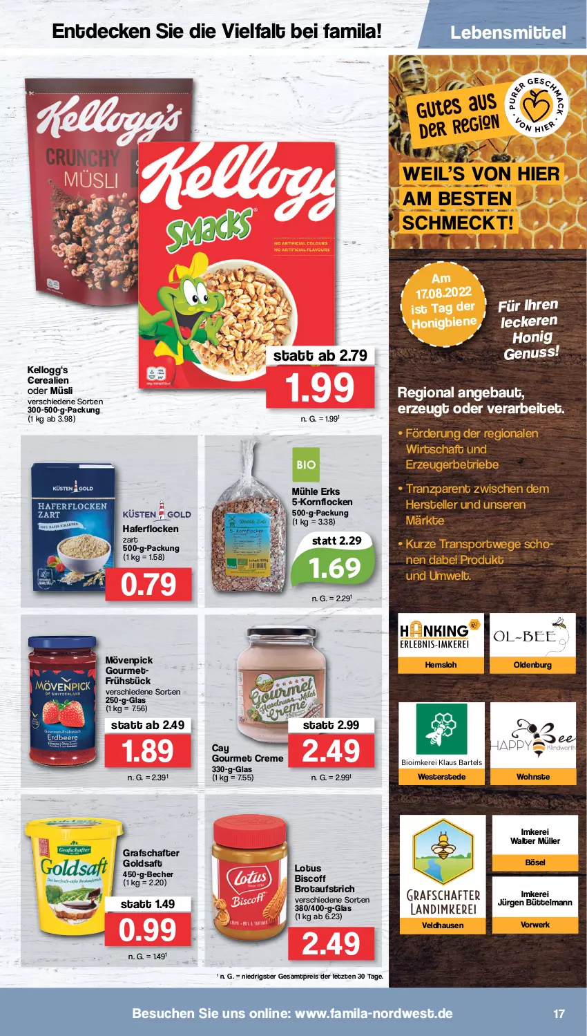 Aktueller Prospekt Famila - Prospekte - von 15.08 bis 20.08.2022 - strona 17 - produkty: aufstrich, Bau, Becher, biscoff, brot, brotaufstrich, cerealien, cerealien oder müsli, creme, decke, eis, elle, goldsaft, grafschafter, hafer, haferflocken, honig, Kellogg‘s, korn, lebensmittel, mövenpick, Müller, müsli, nuss, reis, rwe, saft, Sport, teller, Weste, ZTE