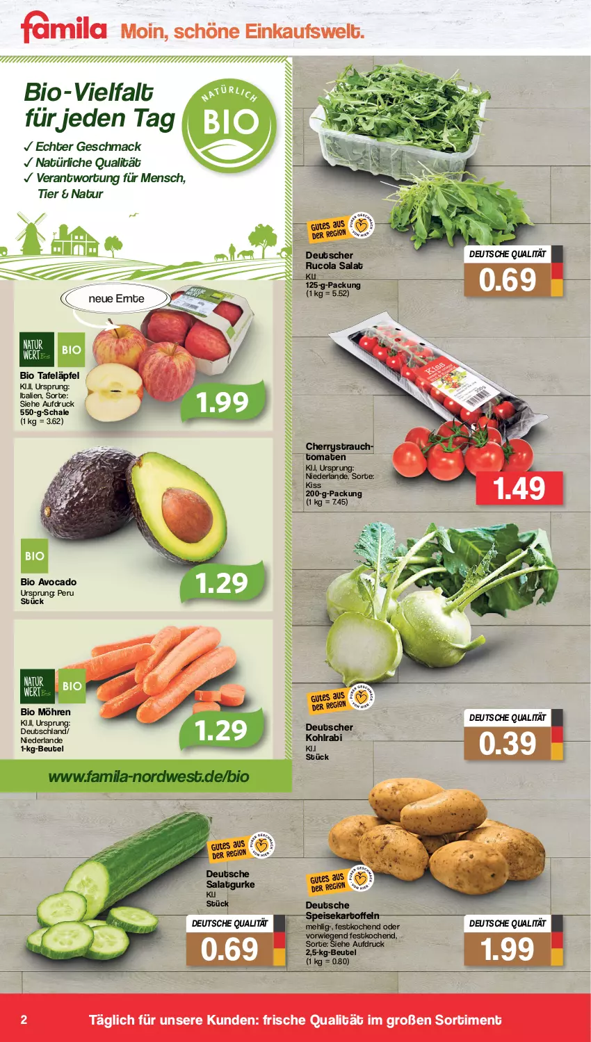 Aktueller Prospekt Famila - Prospekte - von 15.08 bis 20.08.2022 - strona 2 - produkty: avocado, beutel, bio, cola, eis, gurke, kartoffel, kartoffeln, kohlrabi, mac, mehl, möhren, natur, Rauch, rucola, salat, Salatgurke, Schal, Schale, speisekartoffeln, strauchtomaten, tafeläpfel, Ti, tomate, tomaten