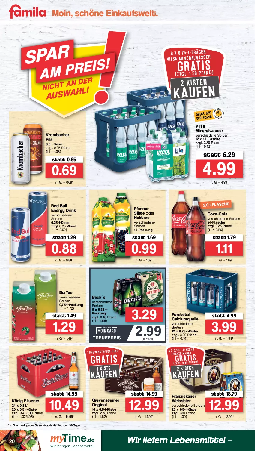 Aktueller Prospekt Famila - Prospekte - von 15.08 bis 20.08.2022 - strona 20 - produkty: Alwa, bier, BraTee, Calcium, coca-cola, cola, drink, eis, elle, energy drink, flasche, Forstetal, franziskaner, gin, grevensteiner, könig pilsener, krombache, krombacher, krombacher pils, lebensmittel, mineralwasser, Nektar, pfanne, Pfanner, pils, pilsener, red bull, reis, säfte, steiner, tee, Ti, vilsa, wasser, weissbier, ZTE