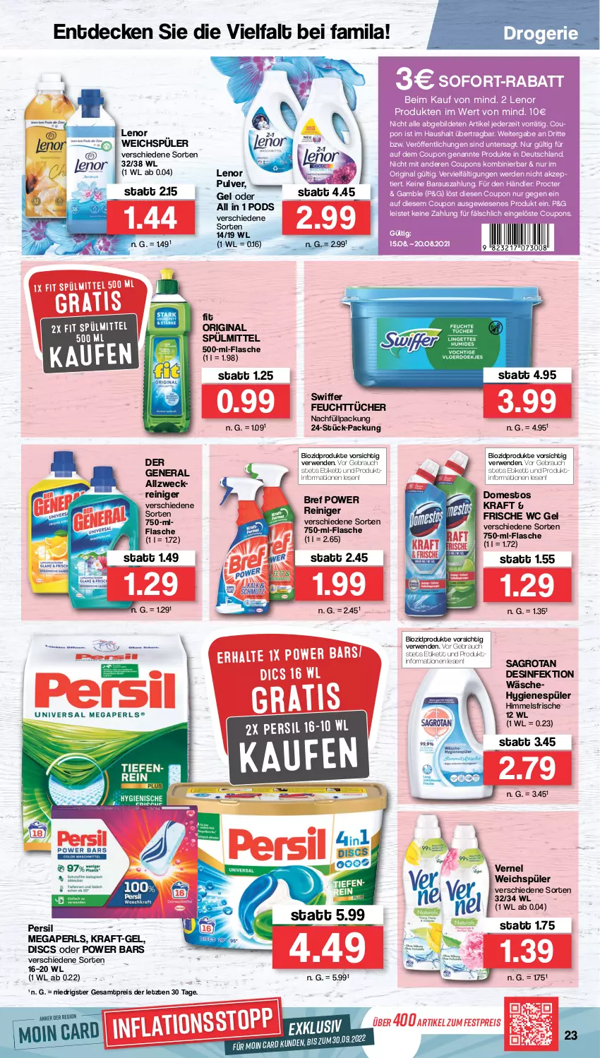 Aktueller Prospekt Famila - Prospekte - von 15.08 bis 20.08.2022 - strona 23 - produkty: bio, biozidprodukte, Bref, bref power, coupon, coupons, decke, Desinfektion, domestos, eis, erde, feuchttücher, flasche, gin, hygienespüler, kraft, lenor, lenor weichspüler, megaperls, persil, Pods, Rauch, reiniger, reis, rwe, sagrotan, sofort-rabatt, spülmittel, swiffer, Ti, tücher, vernel, weck, weichspüler, ZTE