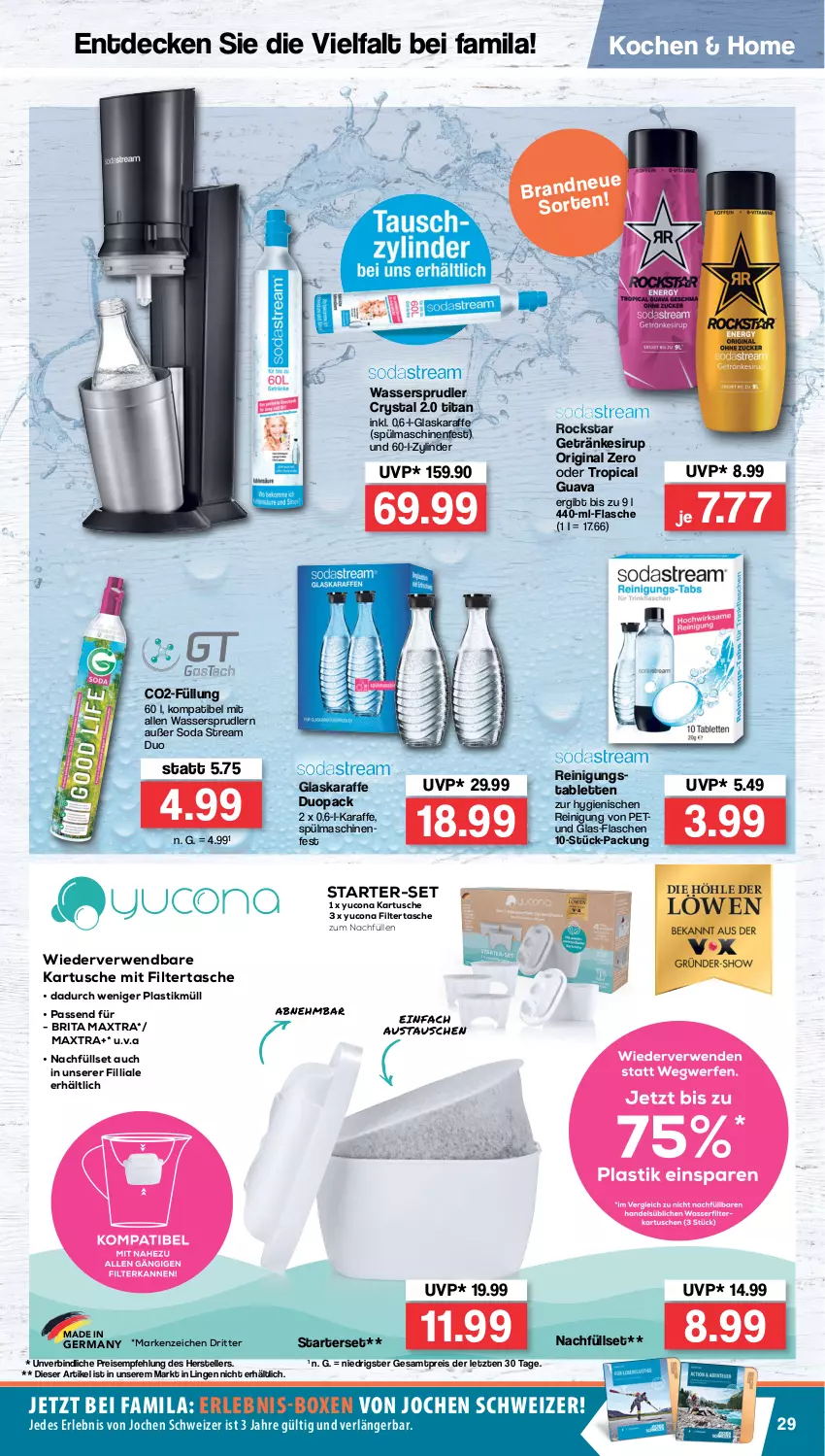 Aktueller Prospekt Famila - Prospekte - von 15.08 bis 20.08.2022 - strona 29 - produkty: asti, brita, decke, eis, elle, flasche, Germ, getränk, getränke, getränkesirup, gin, glaskaraffe, Karaffe, Maxtra, Reinigung, reis, ritter, Rockstar, rwe, sirup, Soda, spülmaschinen, tablet, tablett, Tablette, Tasche, teller, Ti, wasser, wassersprudler, ZTE