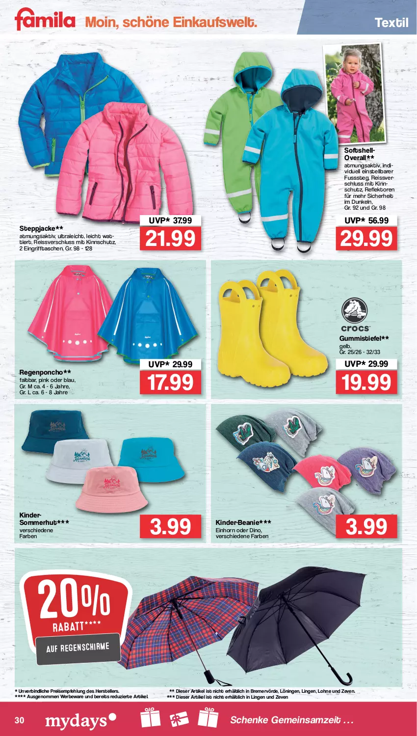 Aktueller Prospekt Famila - Prospekte - von 15.08 bis 20.08.2022 - strona 30 - produkty: Beanie, eis, elle, Gummistiefel, Jacke, Kinder, Overall, reis, reiss, schirme, Steppjacke, Tasche, taschen, teller, Ti