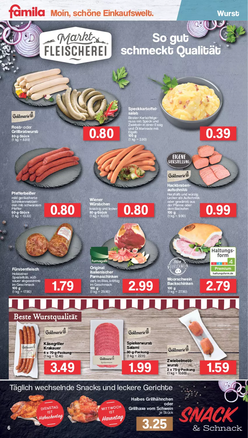 Aktueller Prospekt Famila - Prospekte - von 15.08 bis 20.08.2022 - strona 6 - produkty: auer, aufschnitt, axe, backofen, braten, bratwurst, eis, essig, felgen, fleisch, gin, grill, grillbratwurst, grillhähnchen, grillhaxe, Haxe, holsteiner, kartoffel, kartoffelsalat, Käse, krakauer, LG, mac, marinade, Mett, metten, Mettenden, mettwurst, nuss, Ofen, parmaschinken, pfanne, pfeffer, Pfefferbeißer, salami, salat, schinken, schwein, snack, snacks, Speck, Spezi, steiner, Ti, wein, wiener, wiener würstchen, wurst, würstchen, zwiebel, zwiebelmettwurst, zwiebeln