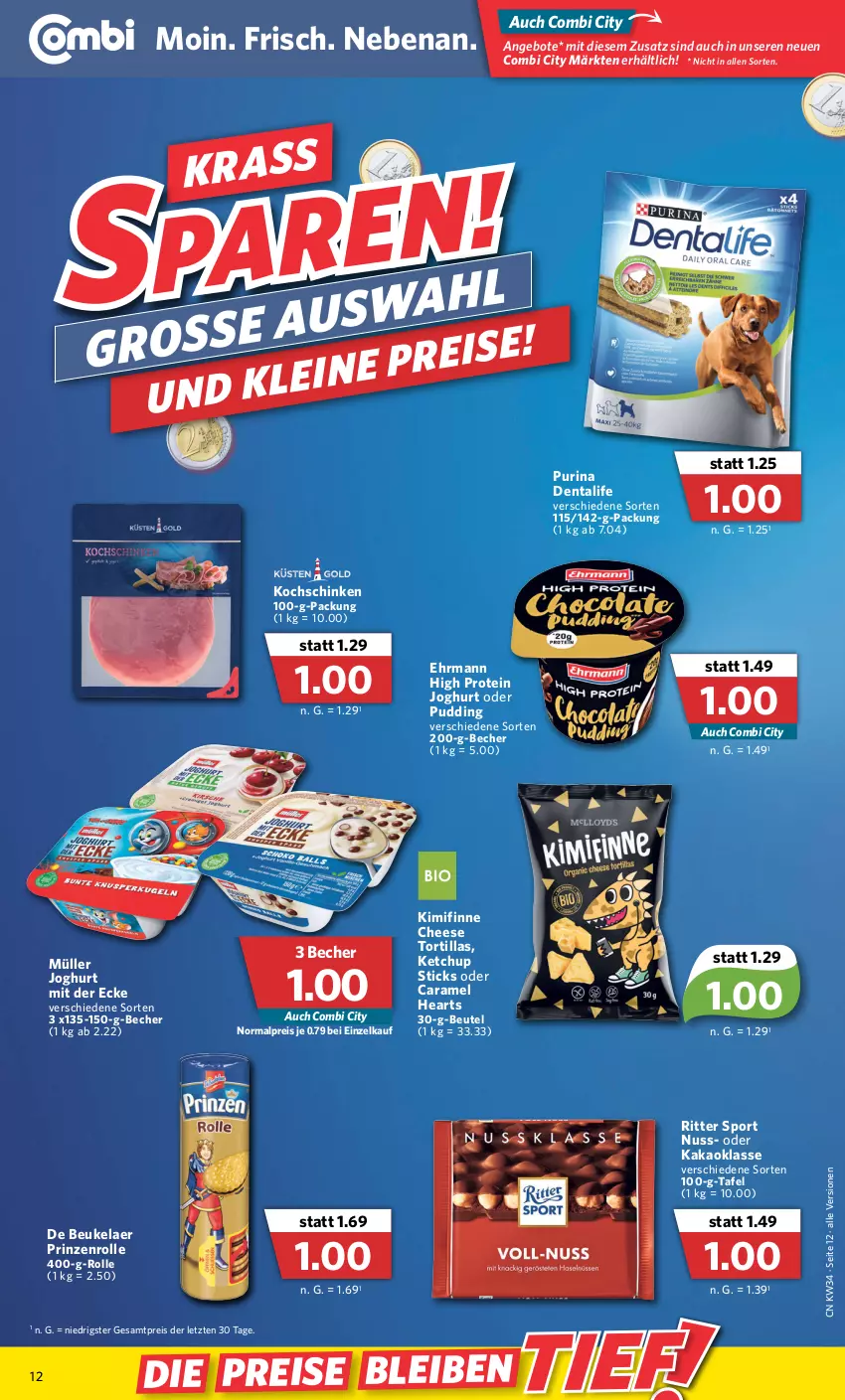 Aktueller Prospekt Combi - Prospekte - von 22.08 bis 27.08.2022 - strona 12 - produkty: angebot, angebote, Becher, beutel, caramel, de beukelaer, ehrmann, eis, joghur, joghurt, joghurt mit der ecke, kakao, ketchup, kochschinken, Müller, nuss, prinzenrolle, pudding, purina, reis, ritter, ritter sport, schinken, Sport, Ti, tortilla, tortillas, ZTE