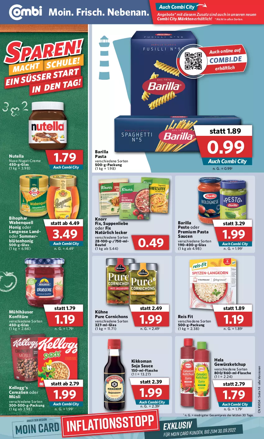 Aktueller Prospekt Combi - Prospekte - von 22.08 bis 27.08.2022 - strona 14 - produkty: angebot, angebote, barilla, beutel, bihophar, Blüte, blütenhonig, cerealien, cerealien oder müsli, creme, eis, flasche, gewürz, gewürzketchup, Hela, honig, Kellogg‘s, ketchup, kikkoman, knorr, knorr fix, konfitüre, Kühne, langnese, mac, mühlhäuser, müsli, nuss, nuss-nugat-creme, nutella, pasta, Pasta Sauce, pesto, reis, sauce, saucen, soja, suppe, suppen, suppenliebe, Ti, ZTE