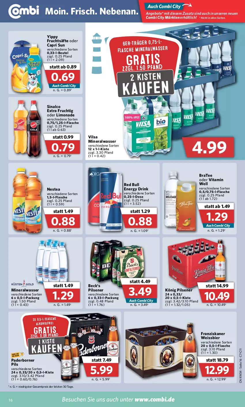 Aktueller Prospekt Combi - Prospekte - von 22.08 bis 27.08.2022 - strona 16 - produkty: alkohol, Alwa, angebot, angebote, beutel, bier, BraTee, Cap, drink, eis, energy drink, flasche, franziskaner, frucht, fruchtsäfte, könig pilsener, limo, limonade, mineralwasser, Nestea, pils, pilsener, red bull, reis, säfte, sinalco, tee, Ti, vilsa, vita, wasser, weissbier, ZTE