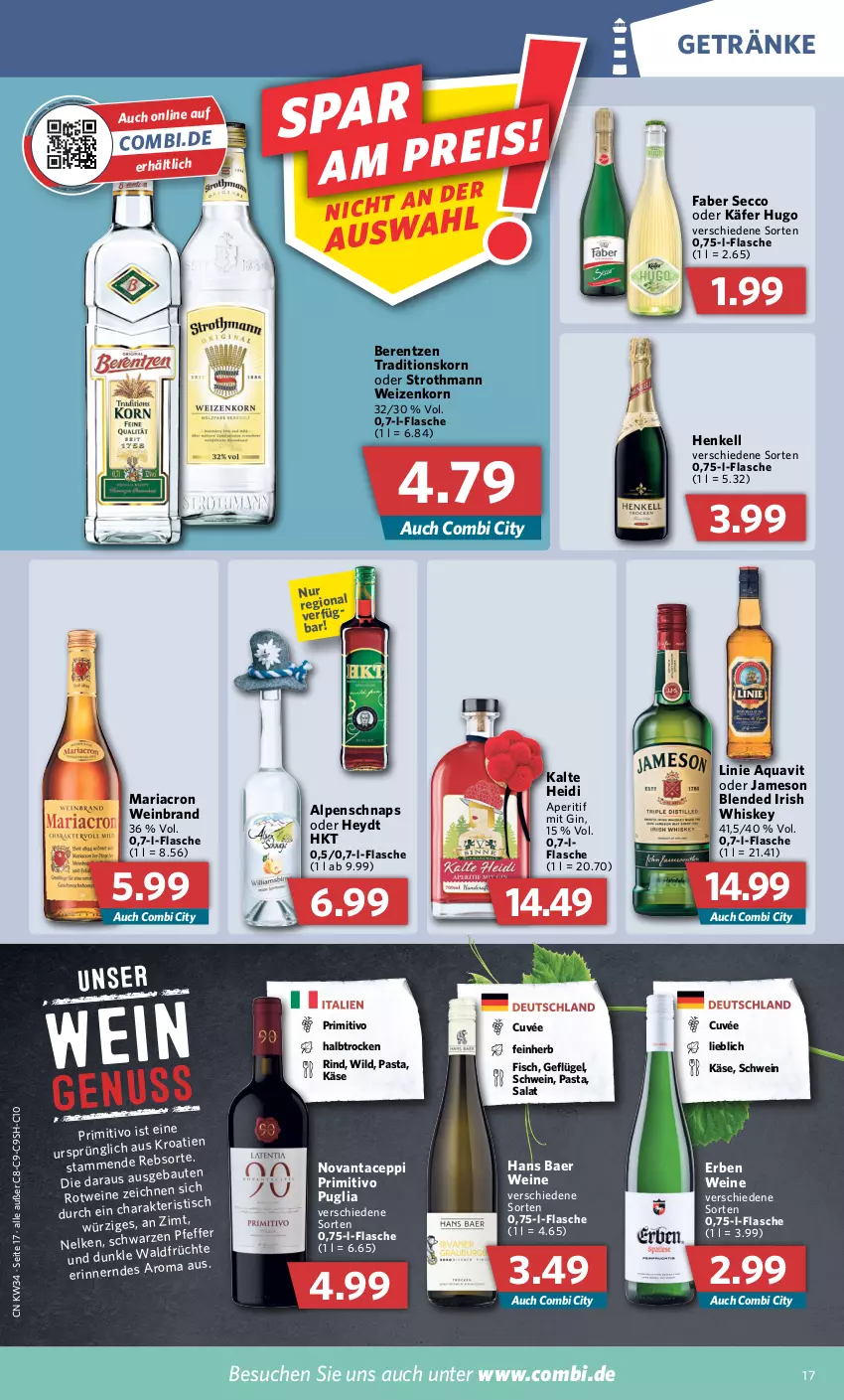 Aktueller Prospekt Combi - Prospekte - von 22.08 bis 27.08.2022 - strona 17 - produkty: aperitif, aqua, aquavit, berentzen, cuvée, ecco, fisch, flasche, früchte, Geflügel, getränk, getränke, gin, henkel, henkell, hugo, irish whiskey, jameson, käfer, Käse, korn, mariacron, pasta, pfeffer, primitivo, Ria, rind, rotwein, salat, schwein, Ti, tisch, wein, weinbrand, weine, weizenkorn, whiskey, Wild