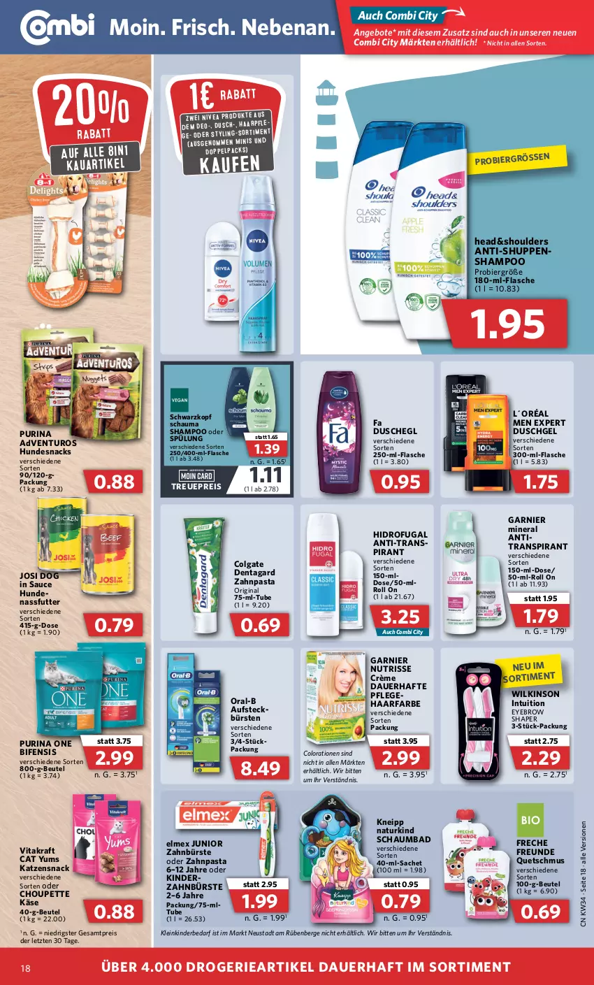 Aktueller Prospekt Combi - Prospekte - von 22.08 bis 27.08.2022 - strona 18 - produkty: adventuros, angebot, angebote, Antitranspirant, auer, Bad, beutel, bier, bürste, bürsten, colgate, Colorationen, deo, dusche, duschgel, eis, elmex, flasche, freche freunde, garnier, gin, hundesnack, hundesnacks, Käse, katzensnack, Kinder, kneipp, kraft, L´Oréal, LG, nassfutter, natur, Nutrisse, oral-b, pasta, purina, reis, sac, sauce, schauma, schaumbad, schwarzkop, schwarzkopf, shampoo, snack, snacks, spülung, Ti, vita, vitakraft, wilkinson, zahnbürste, zahnpasta, ZTE