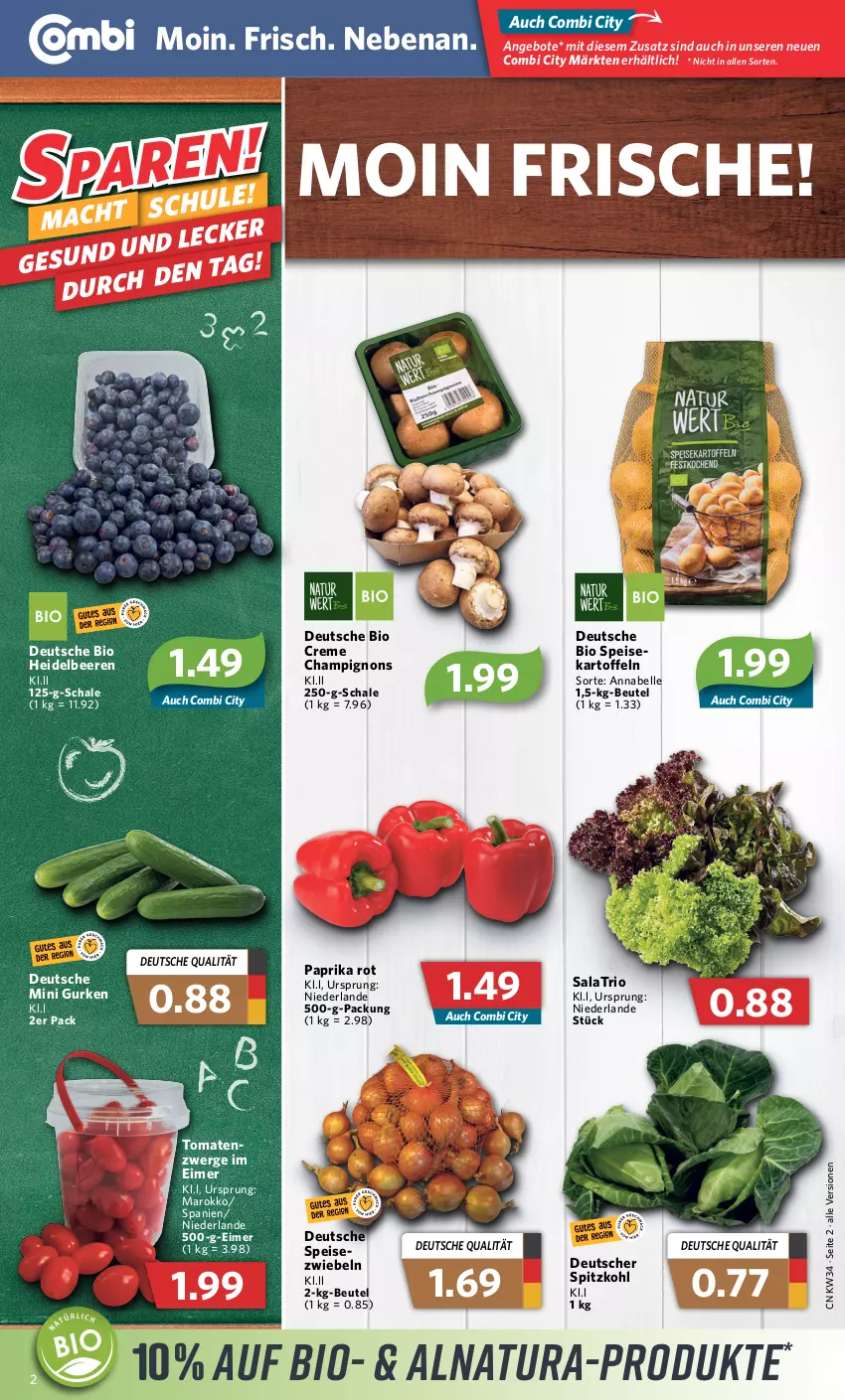 Aktueller Prospekt Combi - Prospekte - von 22.08 bis 27.08.2022 - strona 2 - produkty: angebot, angebote, beere, beeren, beutel, bio, champignon, champignons, creme, eimer, eis, elle, gurke, gurken, heidelbeere, heidelbeeren, kartoffel, kartoffeln, mac, natur, natura, paprika, paprika rot, salat, Schal, Schale, spitzkohl, tomate, tomaten, zwiebel, zwiebeln