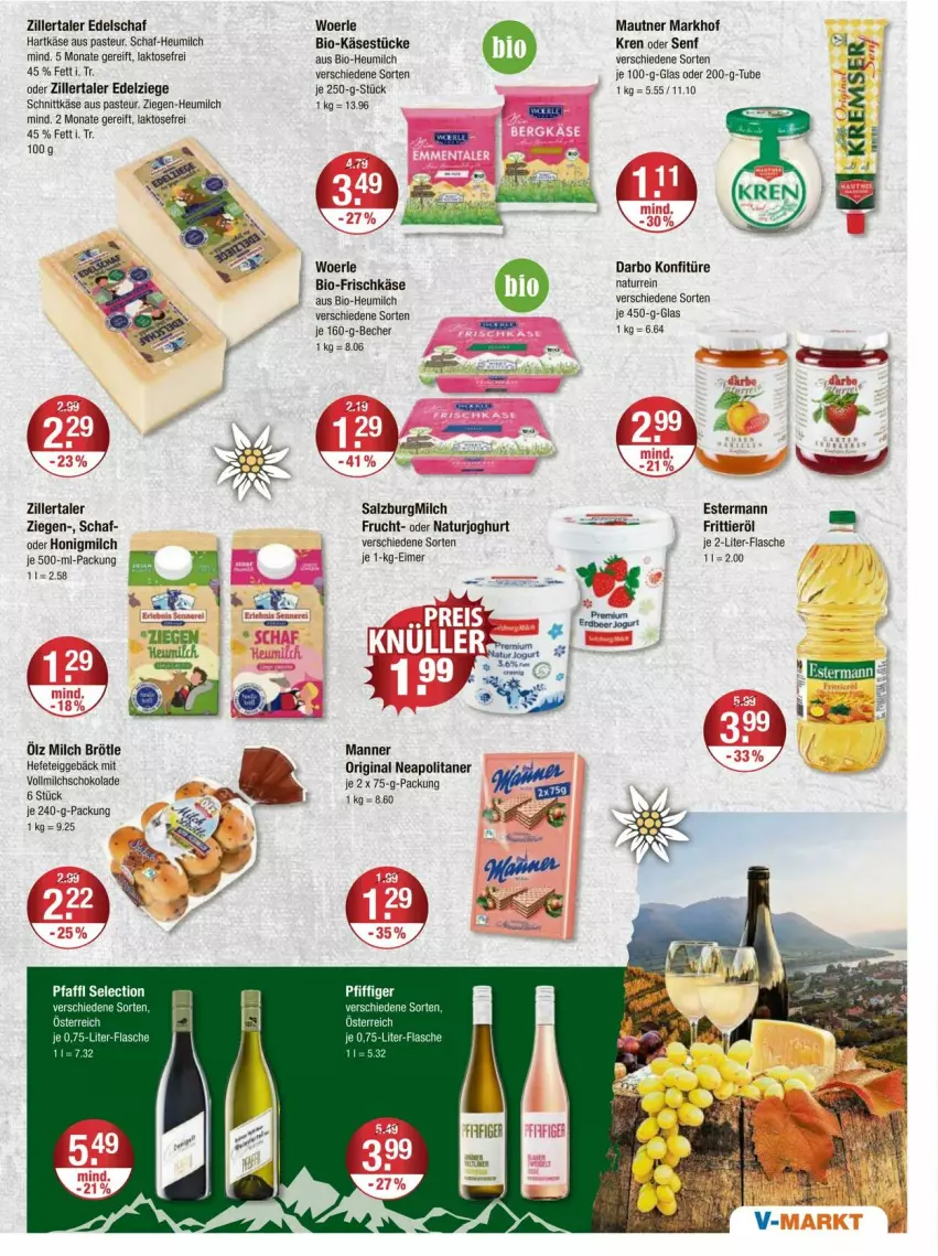 Aktueller Prospekt Vmarkt - Prospekte - von 18.09 bis 24.09.2025 - strona 15 - produkty: Becher, bio, Bio-Käse, darbo, eimer, flasche, frischkäse, Frittieröl, frucht, gin, hartkäse, Hefe, Heu, heumilch, honig, Honigmilch, joghur, joghurt, Käse, konfitüre, Manner, Mautner, milch, natur, naturjoghurt, rosen, salz, SalzburgMilch, schnittkäse, schoko, schokolade, senf, Ti, vollmilch