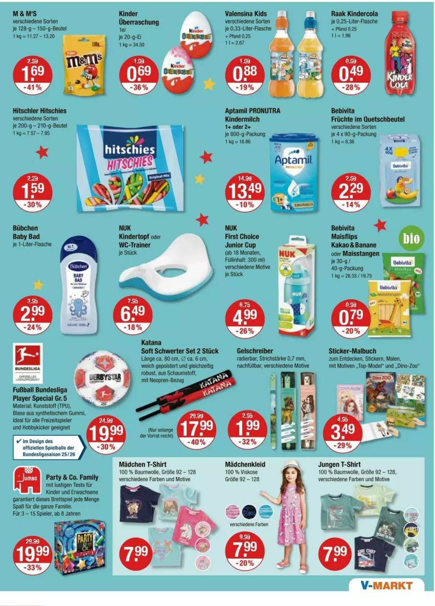 Aktueller Prospekt Vmarkt - Prospekte - von 18.09 bis 24.09.2025 - strona 19 - produkty: Bad, ball, banane, Bau, baumwolle, bebivita, beutel, bübchen, buch, cola, decke, elle, flasche, früchte, Fußball, hitschler, Hobby, je 1-liter-flasche, kakao, Kinder, kindermilch, kleid, Lusti, mais, Malbuch, milch, Mode, nuk, quetschbeutel, Ria, shirt, Spiele, T-Shirt, Ti, tisch, topf, valensina, vita, wolle