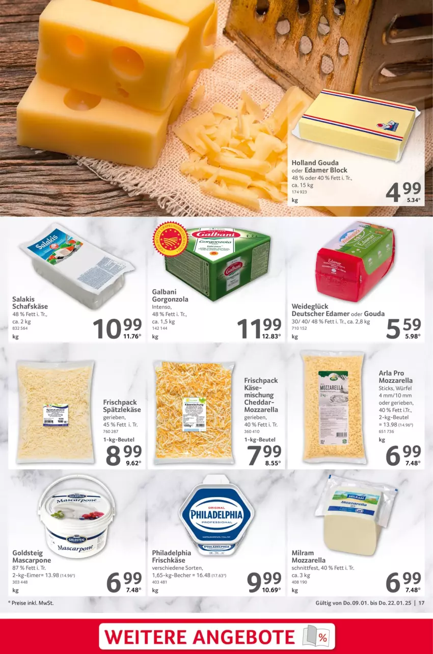 Aktueller Prospekt Selgros - Gastronomie - von 09.01 bis 22.01.2025 - strona 17 - produkty: arla, Becher, beutel, cheddar, edamer, eimer, eis, frischkäse, galbani, goldsteig, gorgonzola, gouda, HP, intenso, Käse, mascarpone, milram, mozzarella, philadelphia, reis, rel, salakis, schafskäse, Ti, würfel