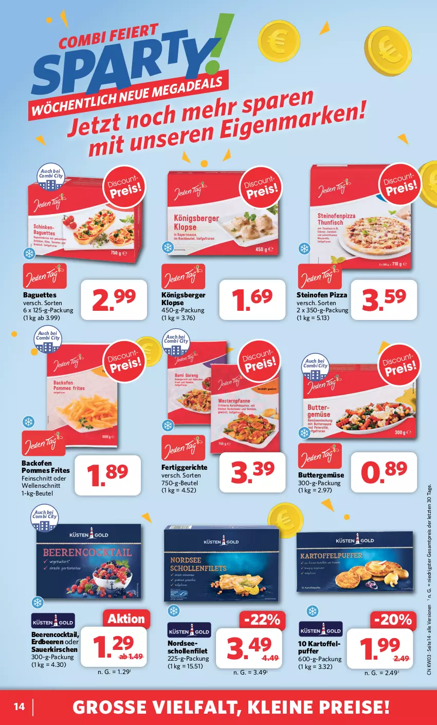 Aktueller Prospekt Combi - Prospekte - von 15.01 bis 20.01.2024 - strona 14 - produkty: auer, backofen, baguette, baguettes, beere, beeren, Berger, beutel, butter, cocktail, eis, elle, erdbeere, erdbeeren, fertiggericht, fertiggerichte, filet, kartoffel, kartoffelpuffer, kirsch, kirsche, kirschen, Königsberger Klopse, leine, Nordsee, Ofen, pizza, pommes, Pommes Frites, reis, sauerkirschen, scholl, steinofen, steinofen pizza, Ti, ZTE