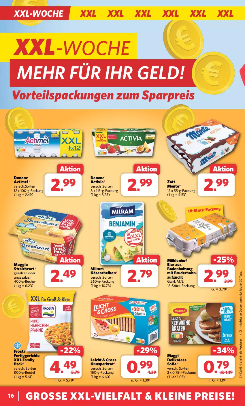 Aktueller Prospekt Combi - Prospekte - von 15.01 bis 20.01.2024 - strona 16 - produkty: actimel, activia, Becher, beutel, brot, danone, danone activia, eier, eis, fertiggericht, fertiggerichte, frosta, Käse, käsescheiben, leine, maggi, meggle, milram, monte, reis, salz, Soße, Streichzart, Ti, zott, Zott Monte, ZTE