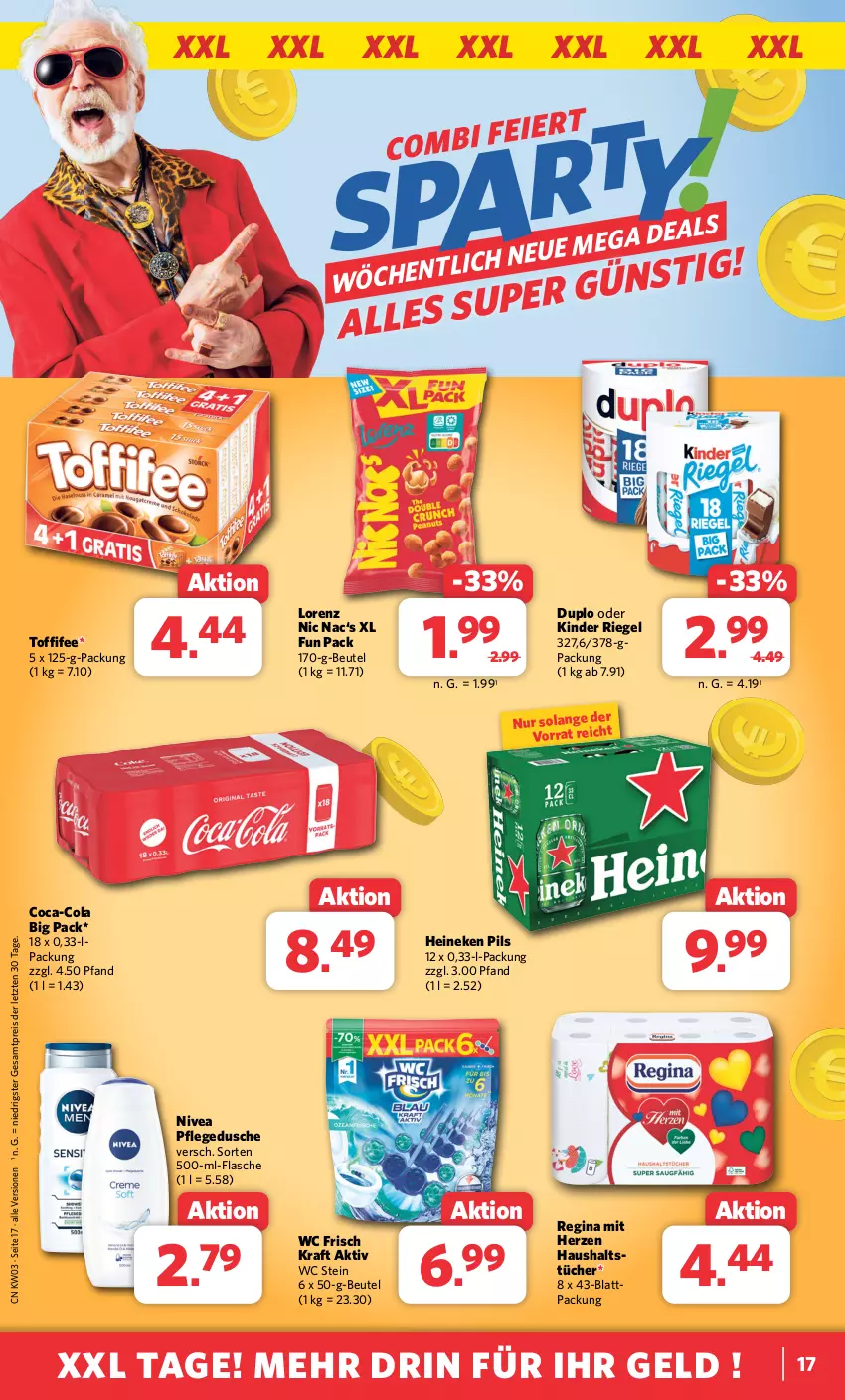 Aktueller Prospekt Combi - Prospekte - von 15.01 bis 20.01.2024 - strona 17 - produkty: beutel, coca-cola, cola, duplo, dusche, eis, flasche, gin, haushaltstücher, heineken, Kinder, kinder riegel, kraft, lorenz, nivea, pflegedusche, pils, reis, riegel, Ti, toffifee, tücher, wc frisch, WC Frisch Kraft Aktiv, ZTE