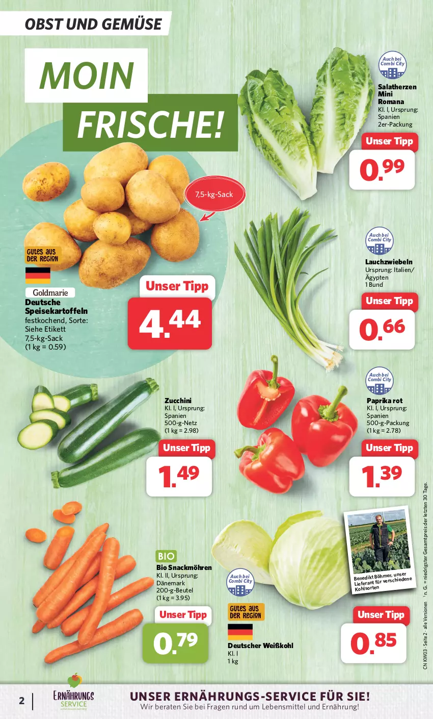 Aktueller Prospekt Combi - Prospekte - von 15.01 bis 20.01.2024 - strona 2 - produkty: beutel, bio, eis, kartoffel, kartoffeln, Lauchzwiebel, lauchzwiebeln, lebensmittel, möhren, obst, Obst und Gemüse, paprika, paprika rot, reis, sac, salat, salatherzen, snack, speisekartoffeln, Ti, und gemüse, Weißkohl, ZTE, zucchini, zwiebel, zwiebeln