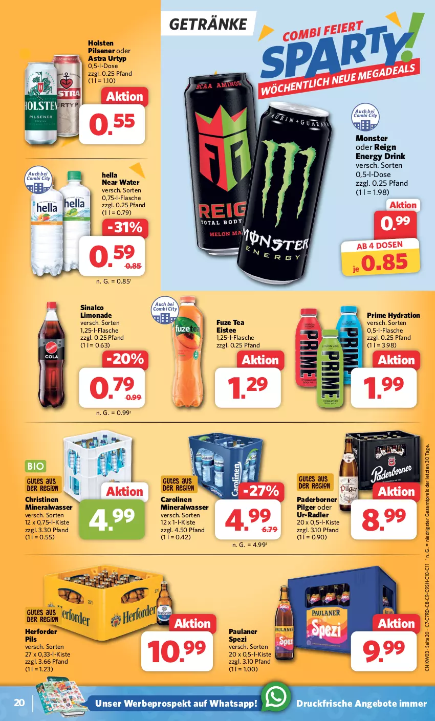 Aktueller Prospekt Combi - Prospekte - von 15.01 bis 20.01.2024 - strona 20 - produkty: Alwa, angebot, angebote, Astra, drink, eis, eistee, energy drink, flasche, fuze tea, getränk, getränke, hella, holsten, holsten pilsener, LG, limo, limonade, mineralwasser, monster, Paula, paulaner, pils, pilsener, radler, reis, sinalco, Spezi, tee, Ti, urtyp, wasser, ZTE