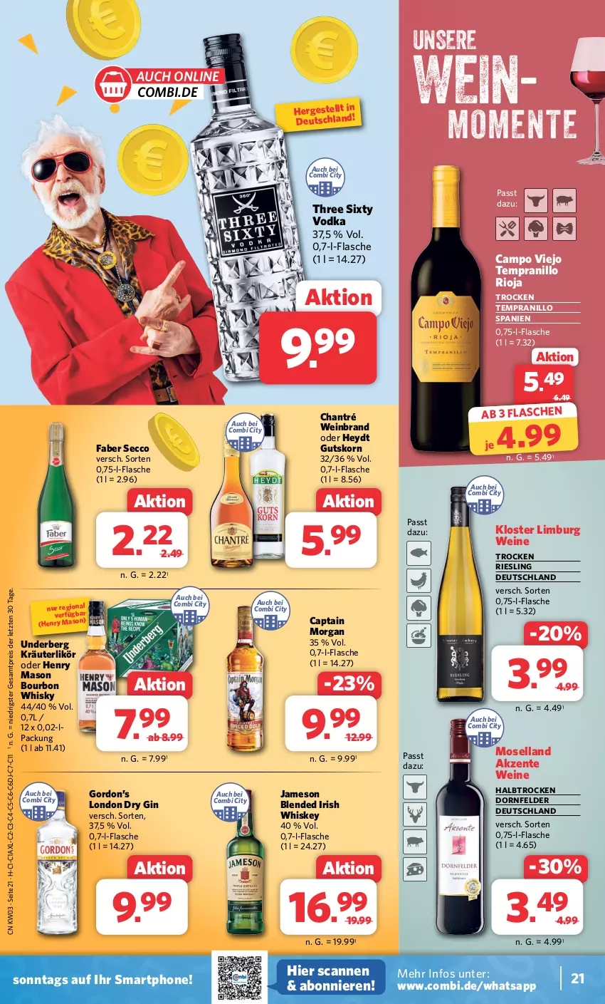 Aktueller Prospekt Combi - Prospekte - von 15.01 bis 20.01.2024 - strona 21 - produkty: bourbon, campo viejo, Cap, captain morgan, chantré, dornfelder, dry gin, ecco, eis, ente, flasche, gin, gordon, Gordon’s, irish whiskey, jameson, korn, kräuter, kräuterlikör, likör, london dry, london dry gin, moselland, reis, riesling, rioja, smartphone, tempranillo, Three Sixty, Ti, underberg, vodka, wein, weinbrand, weine, whiskey, whisky, ZTE