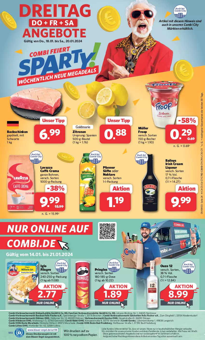 Aktueller Prospekt Combi - Prospekte - von 15.01 bis 20.01.2024 - strona 24 - produkty: angebot, angebote, Bad, baileys, Becher, Berger, beutel, bohne, bohnen, caffè crema, drucker, eis, Engel, erde, felix, filegro, fisch, fische, Fischer, flasche, froop, iglo, irish cream, kerze, lavazza, liqueur, Müller, müller froop, Nektar, ouzo, ouzo 12, papier, pfanne, Pfanner, pringles, Rauch, reis, ring, säfte, salz, schinken, Ti, zitrone, zitronen, ZTE