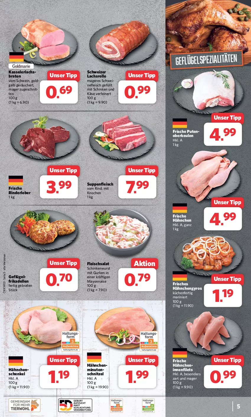 Aktueller Prospekt Combi - Prospekte - von 15.01 bis 20.01.2024 - strona 5 - produkty: braten, dell, eis, elle, filet, filets, fleisch, fleischsalat, frikadellen, Frische Hähnchen, Geflügel, gurke, gurken, gyros, Hähnchengyros, henkel, Käse, kasseler, küche, Küchen, lachs, Lachsrolle, mayonnaise, pute, rind, rinder, Rinderleber, salat, schenkel, schinken, schinkenwurst, schnitten, schnitzel, schwein, schweine, schweinefleisch, Spezi, suppe, suppen, suppenfleisch, Ti, wein, weine, wurst, Yo