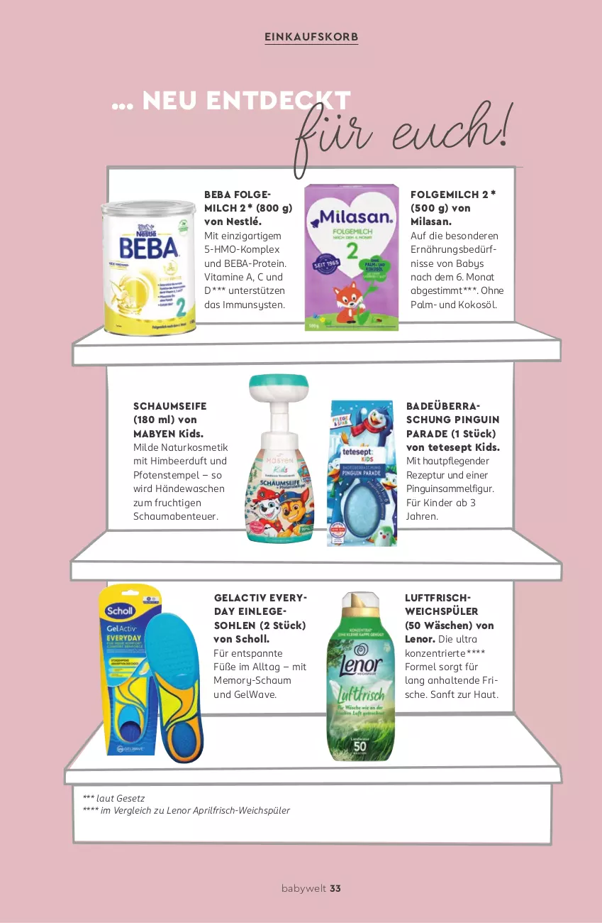 Aktueller Prospekt Rossmann - Prospekte - von 24.11.2025 bis 13.03.2026 - strona 33 - produkty: Bad, Beba, einkaufskorb, ente, folgemilch, frucht, Hautpflege, himbeer, Kinder, kokos, kokosöl, korb, kosmetik, lenor, LG, mab, milch, natur, naturkosmetik, nestlé, pingui, pril, rezept, schauma, scholl, Seife, Ti, vita, Vitamine, weichspüler