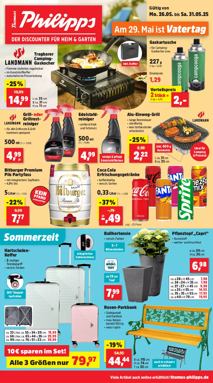 Aktueller Prospekt Thomas Philipps - von 26.05 bis 31.05.2025 - strona 1 - produkty: anzünder, auer, auto, ball, Bank, bitburger, Blüte, burger, Cap, cola, edelstahl, eis, erfrischungsgetränk, erfrischungsgetränke, getränk, getränke, grill, grillanzünder, grillrost, Hartschalenkoffer, Holz, holzkohle, hortensie, Kocher, koffer, lamm, LG, natur, Pflanztopf, pils, premium pils, reiniger, reis, rosen, Schal, Schale, Teleskop, Ti, tisch, topf, vorteilspreis