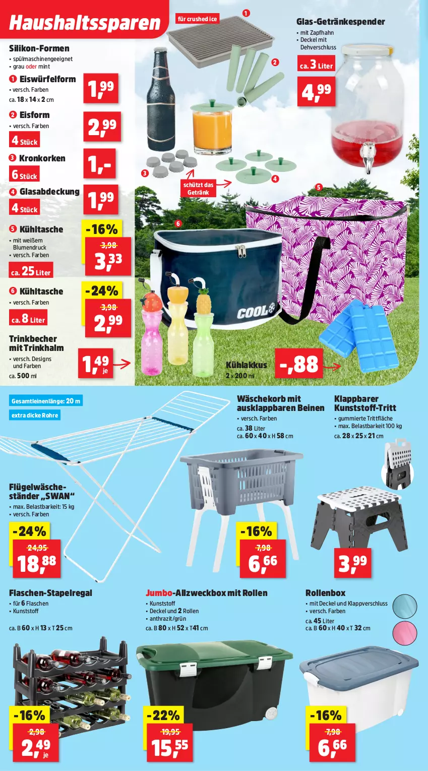 Aktueller Prospekt Thomas Philipps - von 26.05 bis 31.05.2025 - strona 12 - produkty: akku, Becher, blume, blumen, crushed ice, decke, Deckel, eis, eiswürfel, flasche, getränk, getränke, getränkespender, jumbo, korb, kühlakku, kühlakkus, kühltasche, leine, mint, regal, Rollenbox, spülmaschinen, Tasche, trinkbecher, wäschekorb, weck, würfel