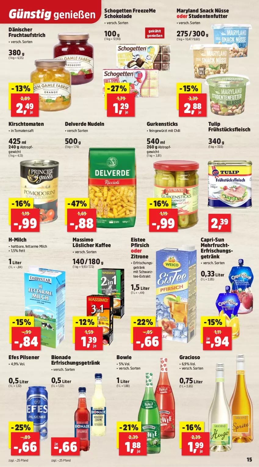 Aktueller Prospekt Thomas Philipps - von 26.05 bis 31.05.2025 - strona 15 - produkty: aufstrich, bio, bionade, bowle, Cap, capri-sun, chili, eis, eistee, ente, erde, erfrischungsgetränk, fleisch, frucht, fruchtaufstrich, frühstücksfleisch, getränk, gewürz, gracioso, gurke, gurken, kaffee, kirsch, löslicher kaffee, milch, nudel, nudeln, pfirsich, pils, pilsener, saft, schogetten, schoko, schokolade, sim, snack, studentenfutter, tee, Ti, tomate, tomaten, Tomatensaft, tulip, zitrone, ZTE