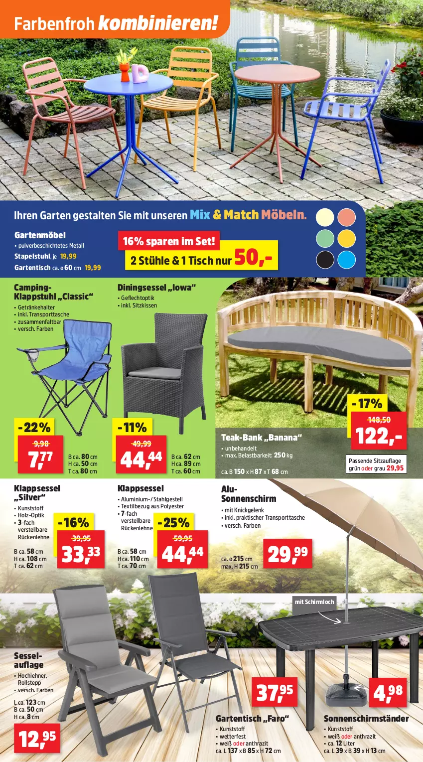 Aktueller Prospekt Thomas Philipps - von 26.05 bis 31.05.2025 - strona 5 - produkty: Bank, Garten, gartenmöbel, gartentisch, getränk, getränke, getränkehalter, Holz, kissen, klappsessel, klappstuhl, LG, möbel, rückenlehne, schirmständer, sessel, Sitzauflage, sitzkissen, sonnenschirm, Sport, sporttasche, stapelstuhl, Stühl, stuhl, Tasche, Ti, tisch