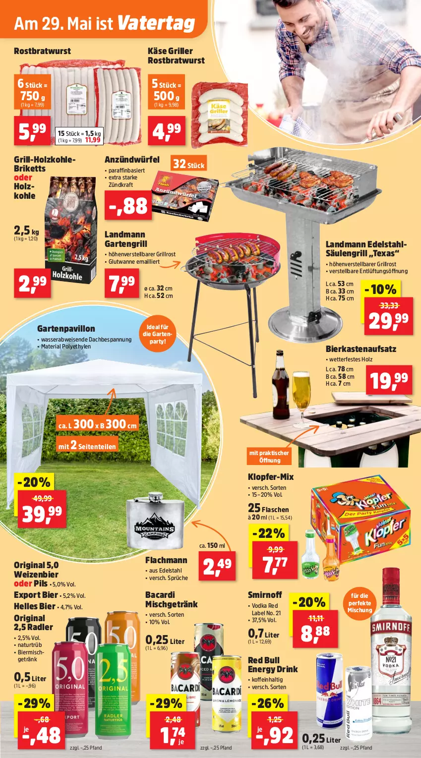 Aktueller Prospekt Thomas Philipps - von 26.05 bis 31.05.2025 - strona 7 - produkty: bacardi, bier, bratwurst, briketts, drink, edelstahl, eis, elle, energy drink, ente, flasche, Garten, getränk, gin, grill, grill-holzkohle, grillrost, Holz, holzkohle, Käse, kraft, natur, ndk, pavillon, pils, radler, red bull, Ria, rostbratwurst, Säulengrill, smirnoff, Ti, tisch, vodka, Wanne, wasser, würfel, wurst