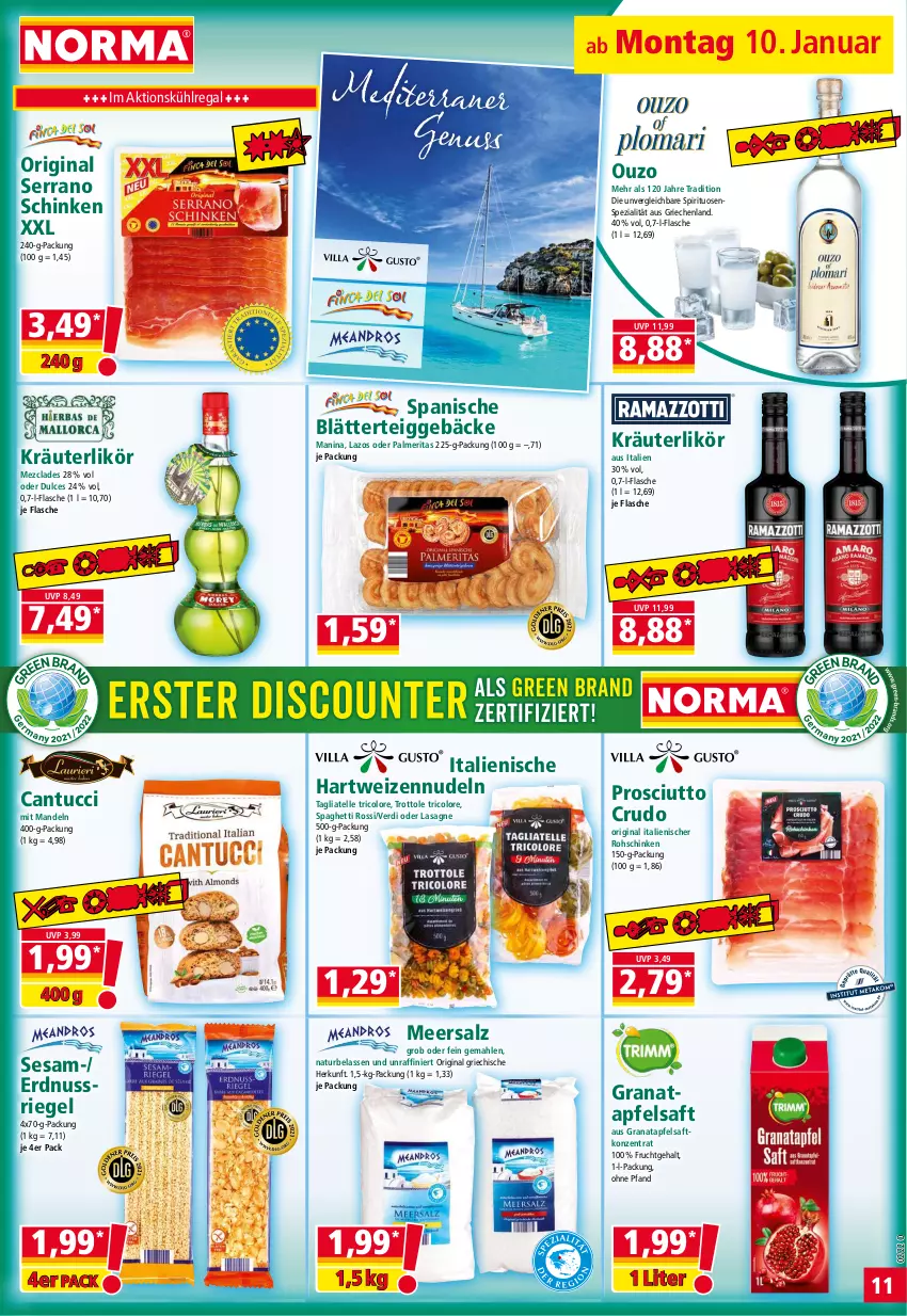 Aktueller Prospekt Norma - Norma - von 10.01 bis 17.01.2022 - strona 11 - produkty: apfel, apfelsaft, blätterteig, blätterteiggebäck, elle, erdnuss, flasche, frucht, gin, grana, granatapfel, hartweizen, kräuter, kräuterlikör, kühlregal, lasagne, likör, mandel, mandeln, meersalz, natur, nudel, nudeln, nuss, nussriegel, ouzo, prosciutto, prosciutto crudo, Rana, regal, riegel, rohschinken, saft, salz, schinken, serrano, serrano schinken, sesam, spaghetti, Spezi, spirituosen, tagliatelle, Ti, tricolore, tuc