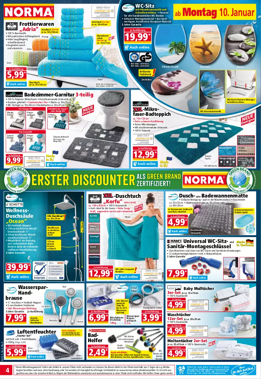 Aktueller Prospekt Norma - Norma - von 10.01 bis 17.01.2022 - strona 4 - produkty: aqua, auto, axe, Bad, Badewanne, badteppich, Bau, baumwolle, Bebe, braun, brause, brauseschlauch, Brei, bürste, bürsten, Cif, decke, Deckel, dell, Duschmatte, Duschsäule, duschtuch, eis, elle, flasche, garnitur, gästetuch, gin, handbrause, handtuch, Kette, kraft, lavendel, LG, lorenz, Luftentfeuchter, mars, mikrofaser, Mode, molto, Mulltücher, ndk, orange, orchidee, Reinigung, reis, rel, Ria, schlauch, Spezi, Spiele, sprühflasche, ssd, teppich, Ti, Tiere, tisch, tuc, tücher, wandhalterung, Wanne, waschhandschuh, waschmaschine, wasser, WC-Bürste, wc-garnitur, wc-sitz, WC-Vorleger, wolle, zitrone, zitronen