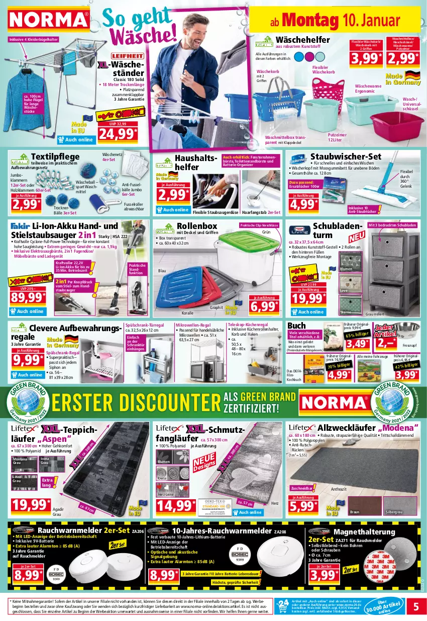 Aktueller Prospekt Norma - Norma - von 10.01 bis 17.01.2022 - strona 5 - produkty: akku, Allzweckläufer, auer, ball, batterie, Bau, Bebe, bett, blume, blumen, braun, buch, bügel, bürste, decke, Deckel, eimer, eis, Elektro, elle, fenster, gin, handstaubsauger, Holz, jumbo, Klammern, kleid, kleider, kleiderbügel, korb, kraft, küche, Küchen, Küchenregal, küchenrolle, küchenrollen, ladegerät, lamm, Läufer, leine, LG, li-ion-akku, mikrowelle, möbel, Mode, montana, ndk, Rauch, regal, reis, Ria, ring, Roller, Schal, Schrank, schrauben, schubladen, Schubladenturm, schüssel, Signal, staubsauger, Stielstaubsauger, Teleskop, teppich, Ti, tisch, Trockner, tücher, Wanne, wäschekorb, waschmittel, weck, werkzeug