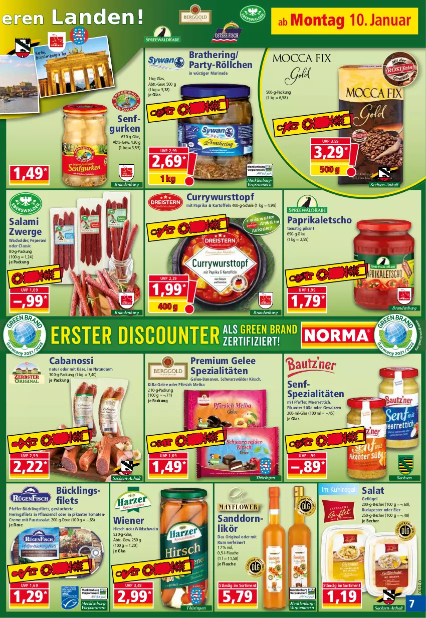 Aktueller Prospekt Norma - Norma - von 10.01 bis 17.01.2022 - strona 7 - produkty: banane, bananen, Becher, Cabanossi, creme, curry, currywurst, eier, elle, filet, filets, flasche, Geflügel, gelee, gewürz, gin, gurke, gurken, hering, Herings, heringsfilets, kartoffel, kartoffeln, Käse, kirsch, kühlregal, Letscho, likör, marinade, meerrettich, mit paprika, natur, paprika, peperoni, Peroni, pfeffer, pfirsich, pflanze, pflanzen, Pflanzenöl, Pusztasalat, regal, Rettich, ring, rum, sac, salami, salat, sanddorn, Schal, Schale, schwein, senf, Spezi, Ti, tomate, tomaten, topf, wein, wiener, Wild, Wildschwein, wurst