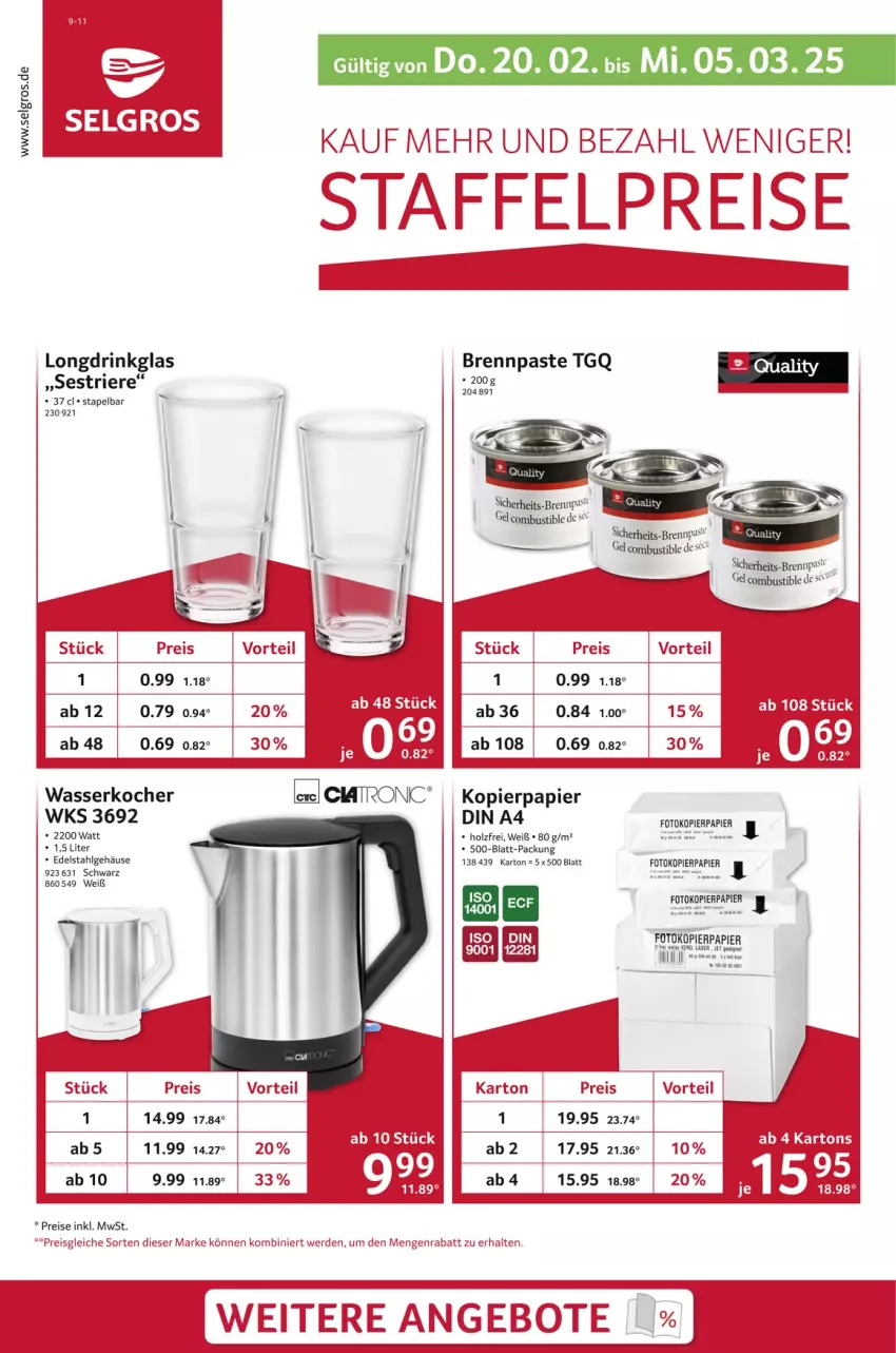 Aktueller Prospekt Selgros - Staffelpreise - von 20.02 bis 05.03.2025 - strona 1 - produkty: angebot, angebote, Brennpaste, din a4, drink, edelstahl, eis, erde, Holz, Kocher, kopierpapier, LG, papier, reis, Ti, wasser, wasserkocher