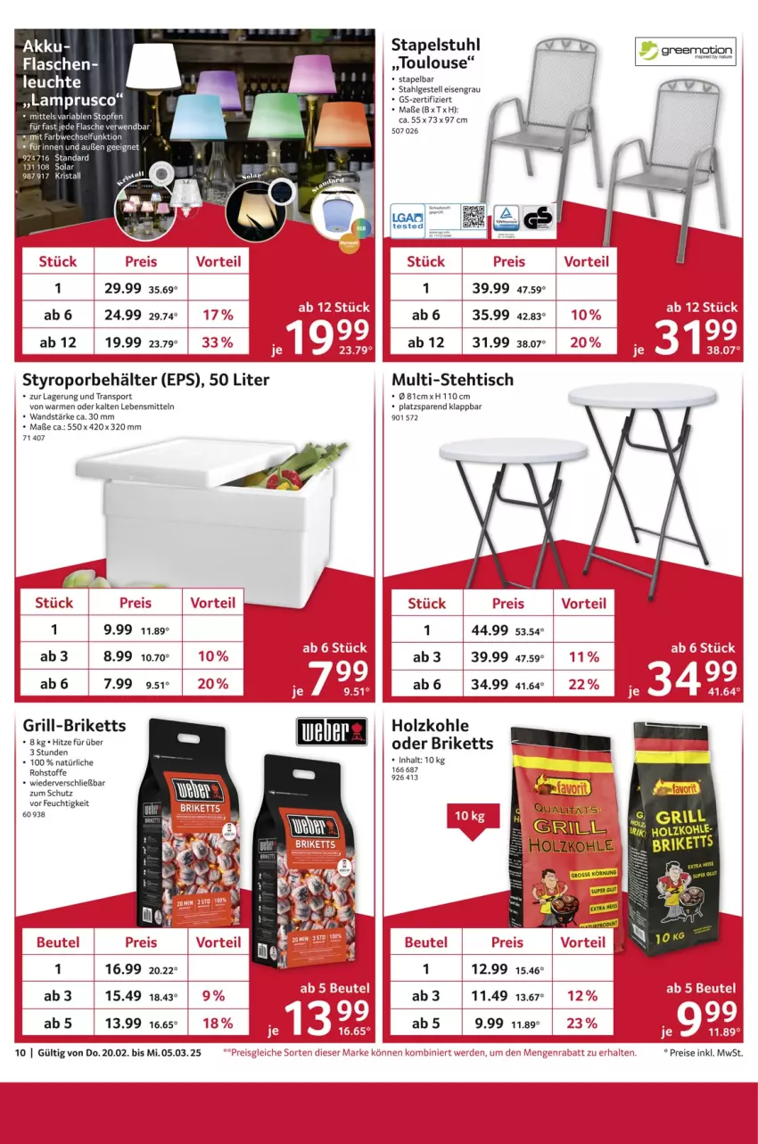 Aktueller Prospekt Selgros - Staffelpreise - von 20.02 bis 05.03.2025 - strona 10 - produkty: akku, Behälter, briketts, eis, flasche, greemotion, grill, Holz, holzkohle, lebensmittel, Leuchte, LG, reis, Ria, rwe, Sport, stapelstuhl, stuhl, Ti, tisch, topf, Topfen