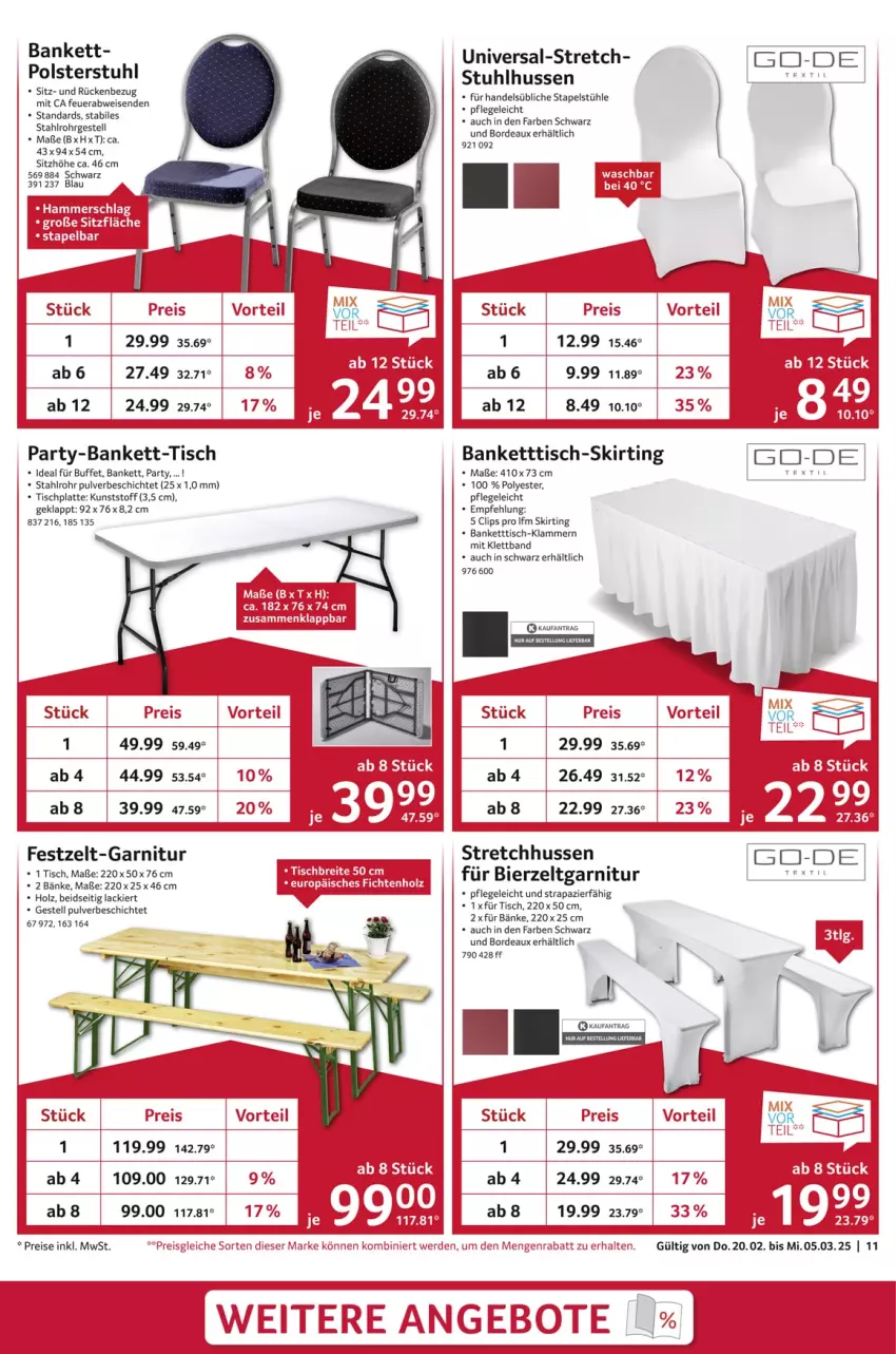 Aktueller Prospekt Selgros - Staffelpreise - von 20.02 bis 05.03.2025 - strona 11 - produkty: Bank, bier, Bierzeltgarnitur, Brei, eis, erde, garnitur, Holz, HP, Klammern, lack, lamm, latte, polsterstuhl, reis, Sitzhöhe, Stapelstühl, stuhl, Stühl, tee, Ti, tisch, tischplatte, Yo, Zelt