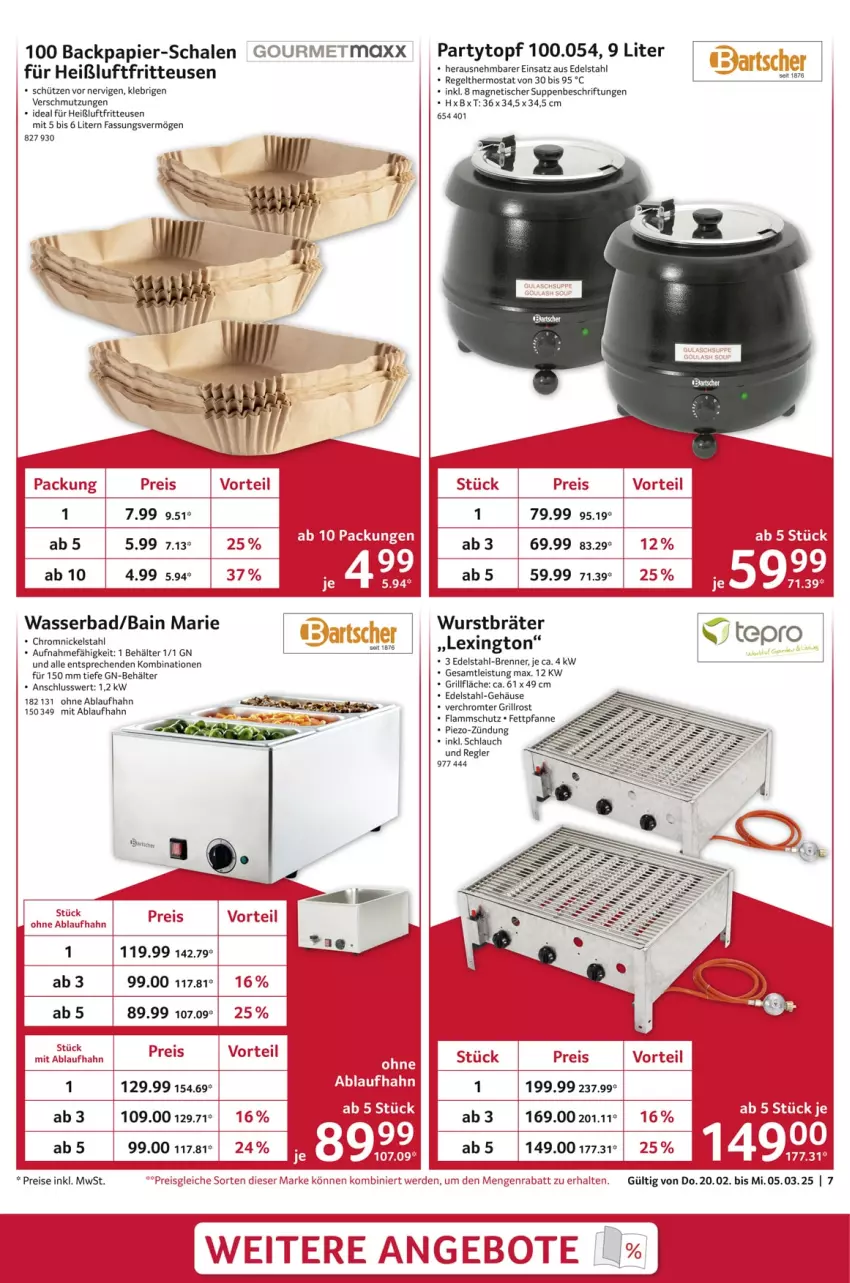 Aktueller Prospekt Selgros - Staffelpreise - von 20.02 bis 05.03.2025 - strona 7 - produkty: Bad, Behälter, edelstahl, eis, erde, fritteuse, gourmetmaxx, grill, grillfläche, grillrost, Heißluftfritteuse, lamm, papier, pfanne, piezo-zündung, reis, Schal, Schale, schlauch, Schütze, suppe, suppen, thermostat, Ti, tisch, topf, wasser, wurst