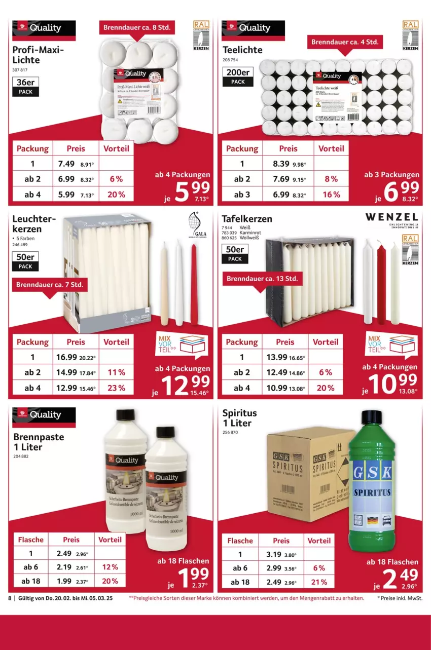 Aktueller Prospekt Selgros - Staffelpreise - von 20.02 bis 05.03.2025 - strona 8 - produkty: auer, Brennpaste, eis, flasche, kerze, Leuchte, reis, spiritus, tee, Teelicht, teelichte, Ti