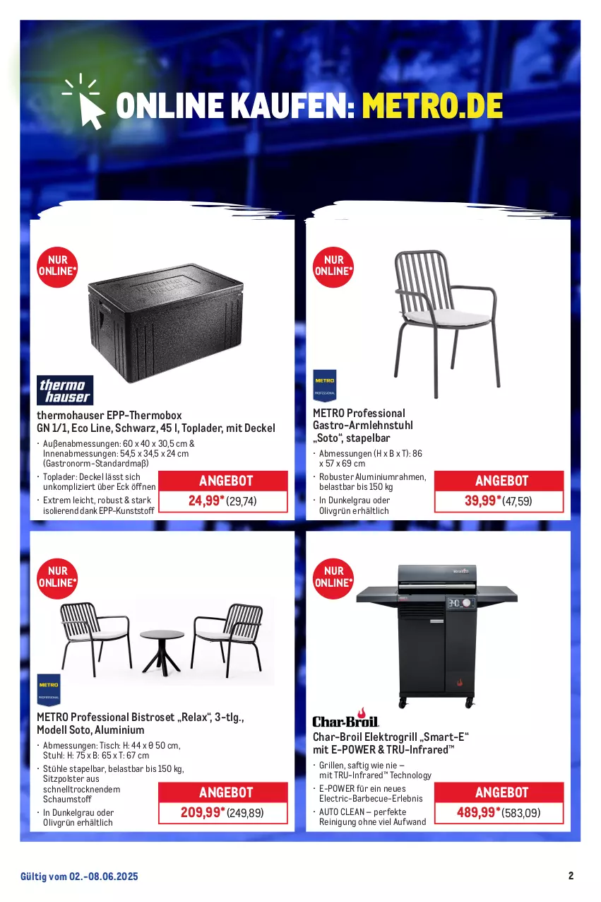 Aktueller Prospekt Metro - Online: Wochen-Angebote - von 02.05 bis 08.06.2025 - strona 2 - produkty: angebot, armlehnstuhl, auto, barbecue, char-broil, decke, Deckel, dell, Elektro, grill, LG, Metro, Mode, Reinigung, rel, saft, stuhl, Stühl, Ti, tisch, Toplader
