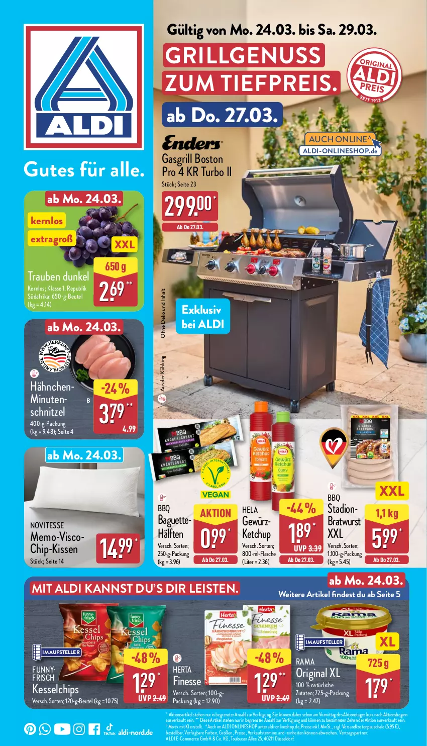 Aktueller Prospekt Aldi Nord - Von Montag - von 24.03 bis 29.03.2025 - strona 1 - produkty: aldi, baguette, beutel, bratwurst, chips, eis, elle, finesse, flasche, gasgrill, gewürz, gin, grill, Hela, herta, herta finesse, ketchup, kissen, LG, minutenschnitzel, ndk, nuss, rama, reis, Schal, Schale, schnitzel, teller, Ti, tiefpreis, trauben, wurst, ZTE