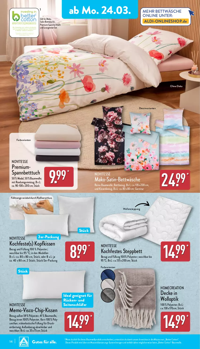 Aktueller Prospekt Aldi Nord - Von Montag - von 24.03 bis 29.03.2025 - strona 14 - produkty: aldi, asti, Bau, baumwolle, bett, Betttuch, bettwäsche, decke, dell, eis, elle, garnitur, kissen, Kissenbezug, kopfkissen, Mode, reine baumwolle, Ria, rwe, satin-bettwäsche, spannbetttuch, steppbett, Ti, tisch, tuc, wolle