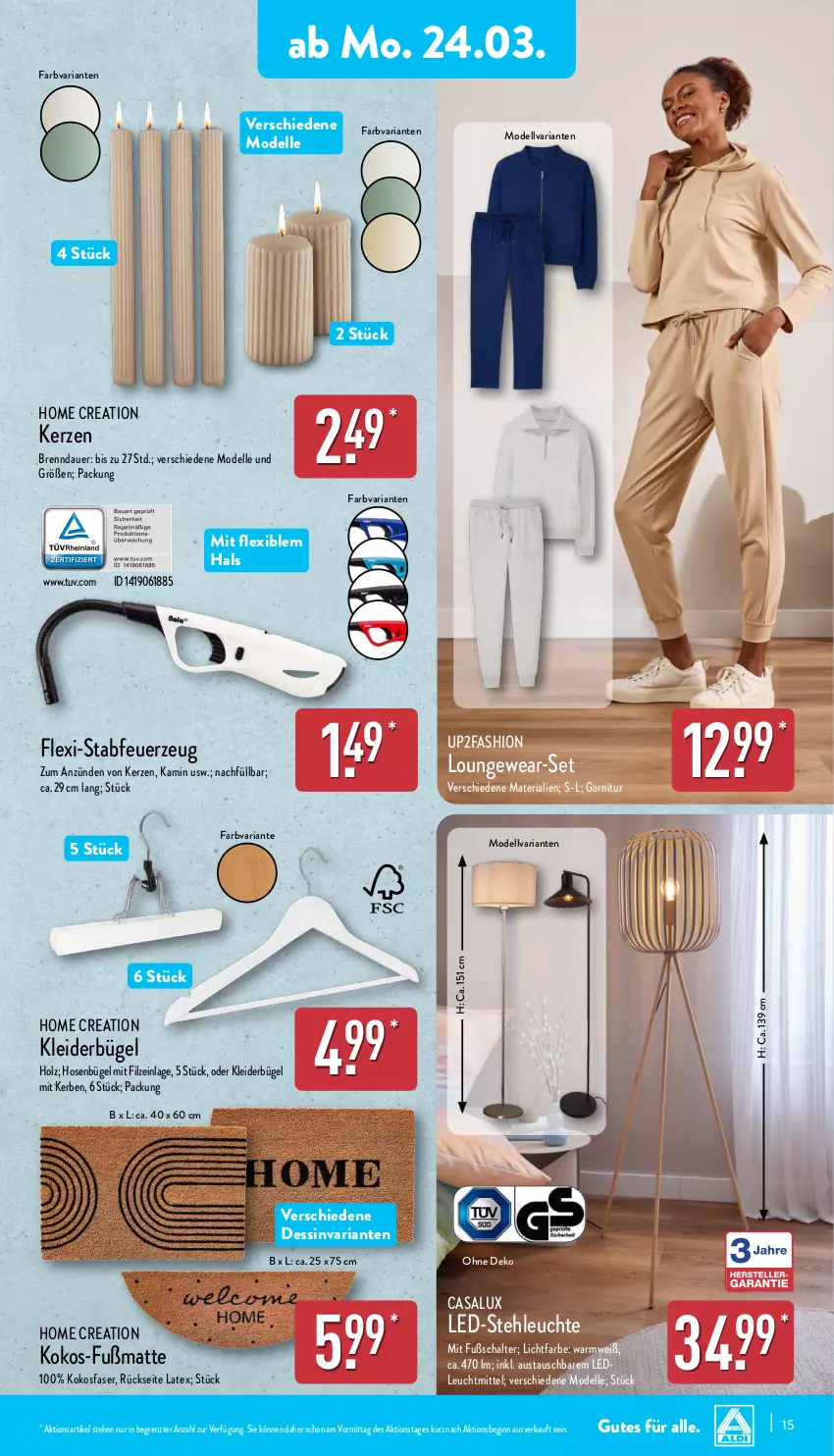 Aktueller Prospekt Aldi Nord - Von Montag - von 24.03 bis 29.03.2025 - strona 15 - produkty: auer, aust, bügel, dell, elle, Feuerzeug, Fußmatte, garnitur, gin, Holz, hose, hosen, Kamin, kerze, kleid, kleider, kleiderbügel, kokos, led-stehleuchte, Leuchte, leuchtmittel, Mode, Ria, Schal, stehleuchte, Ti, up2fashion, ZTE