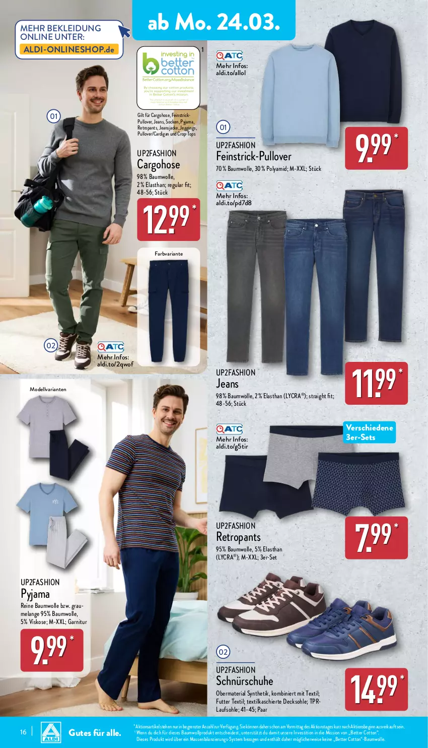 Aktueller Prospekt Aldi Nord - Von Montag - von 24.03 bis 29.03.2025 - strona 16 - produkty: aldi, Bau, baumwolle, bett, Cardigan, decksohle, dell, eis, Elan, garnitur, gin, hose, Jacke, jeans, Jeansjacke, kleid, Kleidung, Mode, obermaterial synthetik, Pants, Pullover, Pyjama, reine baumwolle, Retropants, Ria, rwe, schuhe, socken, Strickpullover, Ti, up2fashion, wolle, ZTE