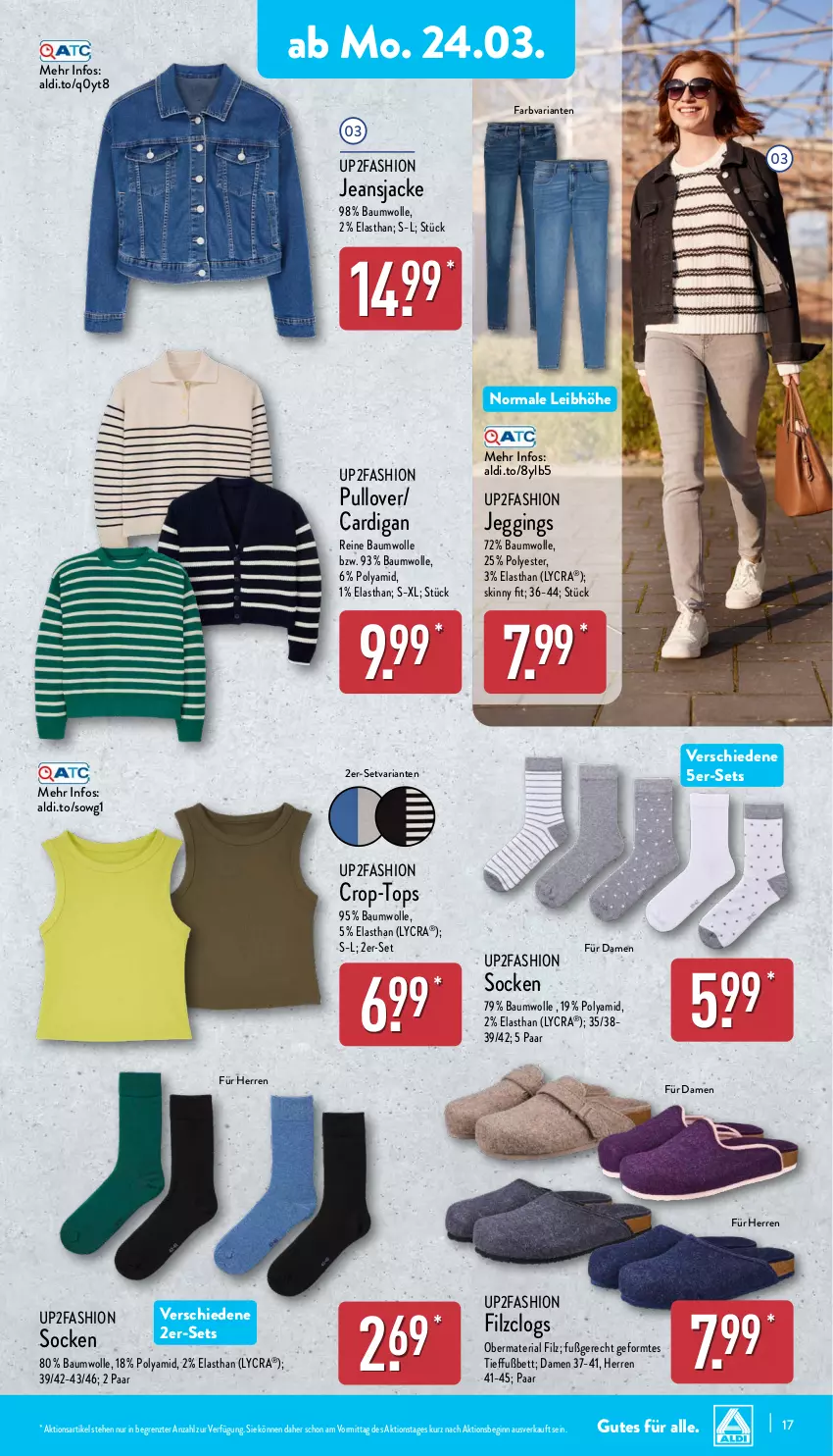 Aktueller Prospekt Aldi Nord - Von Montag - von 24.03 bis 29.03.2025 - strona 17 - produkty: aldi, Bau, baumwolle, bett, Cardigan, Clogs, gin, Jacke, jeans, Jeansjacke, Pullover, reine baumwolle, Ria, socken, Ti, up2fashion, wolle, ZTE