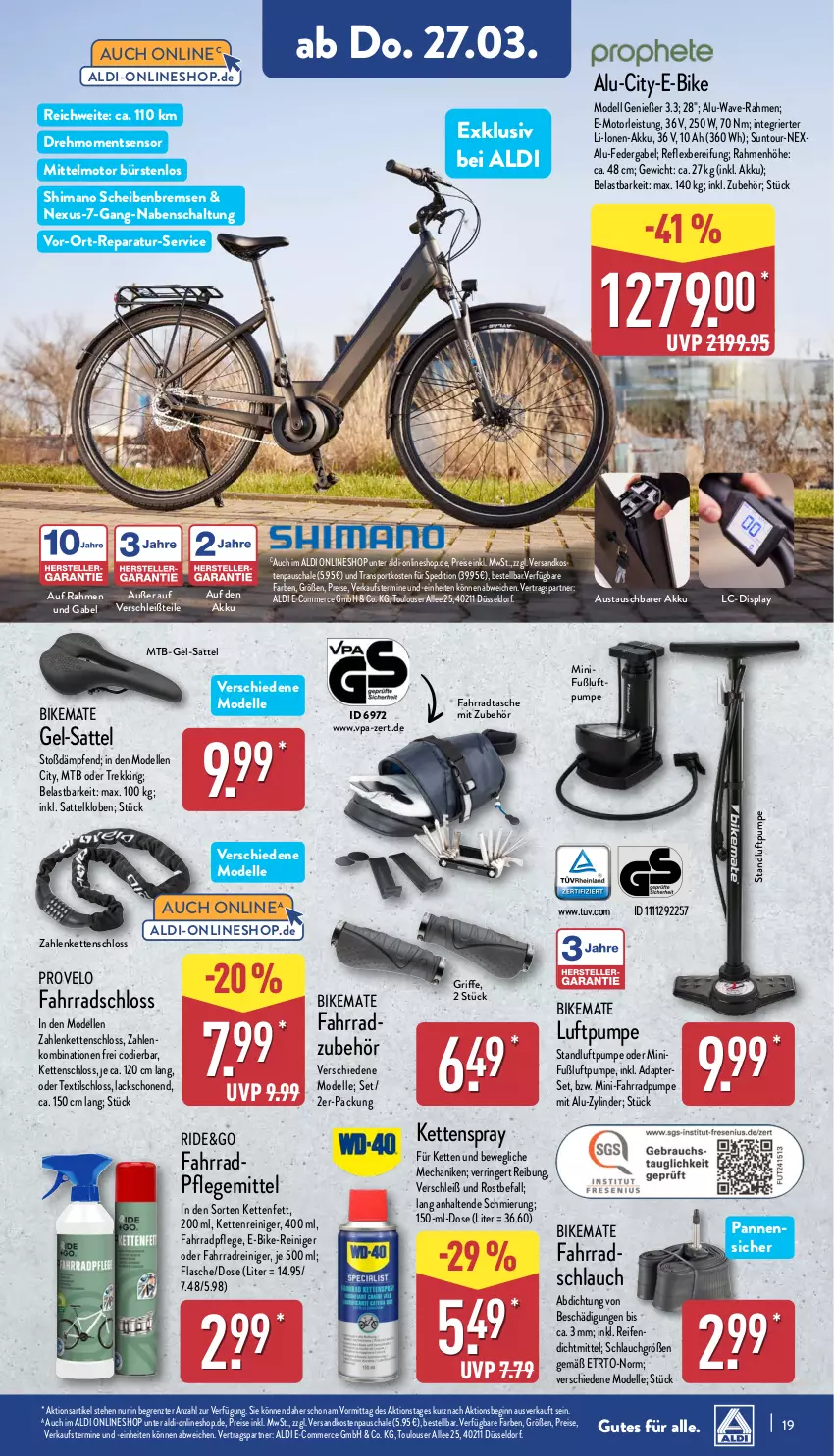 Aktueller Prospekt Aldi Nord - Von Montag - von 24.03 bis 29.03.2025 - strona 19 - produkty: adapter, akku, aldi, aust, bürste, bürsten, dell, E-Bike, eis, elle, Fahrrad, Fahrradschloss, Fahrradtasche, flasche, gabel, gin, Kette, lack, Mode, ndk, nexa, nexus, Nike, reifen, reiniger, reis, ring, sattel, Schal, Schale, schlauch, shimano, Sport, Tasche, Ti, ZTE