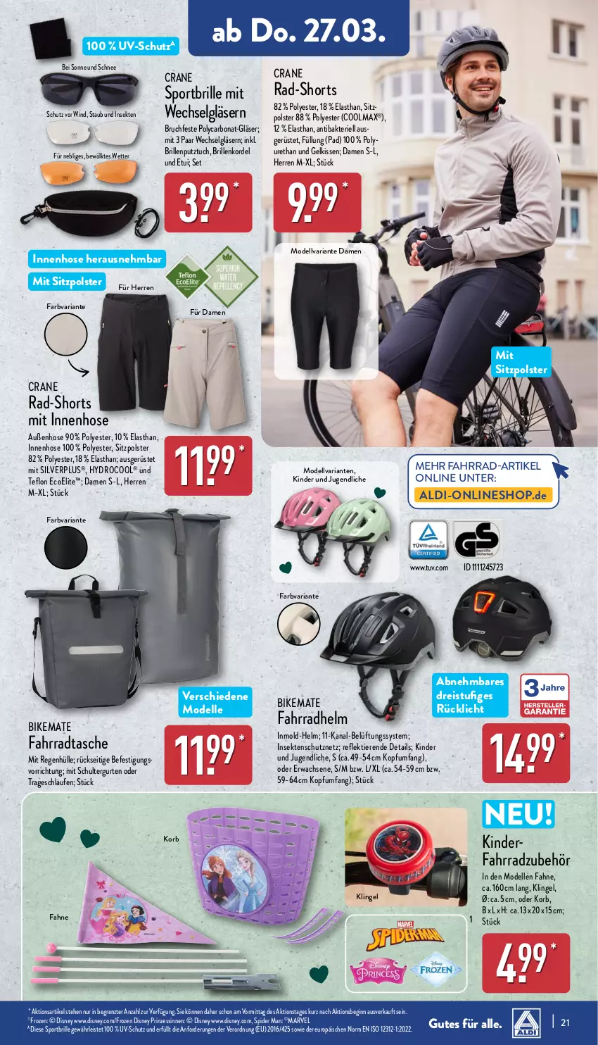 Aktueller Prospekt Aldi Nord - Von Montag - von 24.03 bis 29.03.2025 - strona 21 - produkty: aldi, Bona, Brille, dell, disney, eis, elle, Fahrrad, fahrradhelm, Fahrradtasche, gin, Gläser, hose, insektenschutz, Kinder, Kinderfahrrad, kissen, korb, Laufen, LG, Mode, reis, Ria, rücklicht, schultergurt, Schutznetz, sekt, shorts, Sport, Sportbrille, Tasche, Ti, Tiere, tuc, uv-schutz, ZTE