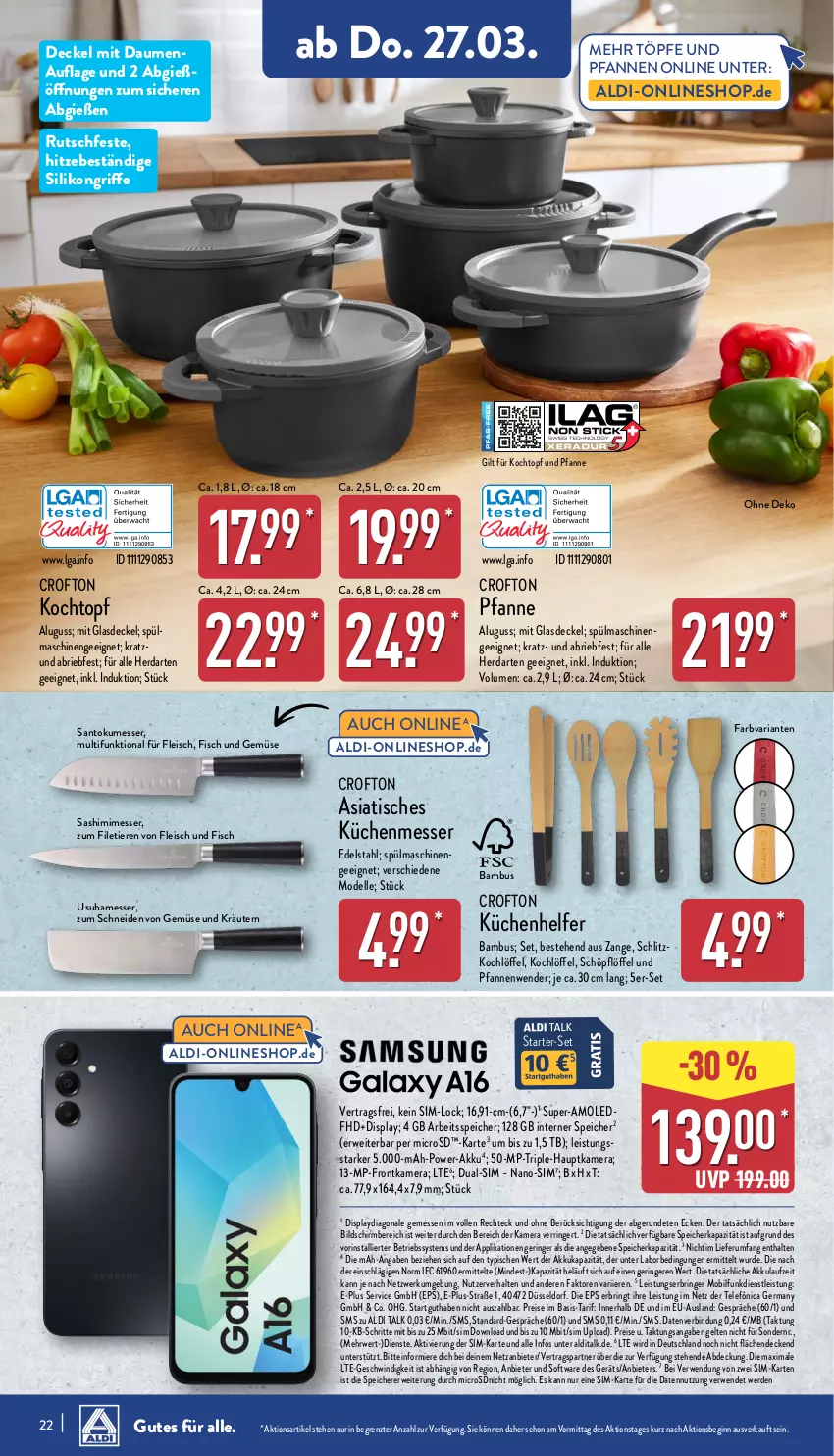 Aktueller Prospekt Aldi Nord - Von Montag - von 24.03 bis 29.03.2025 - strona 22 - produkty: akku, aldi, aldi talk, bambus, Betriebssystem, brie, Crofton, decke, Deckel, dell, dual-sim, edelstahl, eis, elle, erde, filet, fisch, fleisch, frontkamera, Germ, gin, Glasdeckel, hauptkamera, herdarten, kamera, Kochlöffel, Kochtopf, kräuter, kräutern, küche, Küchen, Küchenhelfer, LG, Löffel, messer, microsd, Mode, pfanne, pfannen, Pfannenwender, reis, Ria, ring, rum, rwe, Schöpflöffel, sim, Software, spülmaschinen, Ti, Tiere, tisch, topf, und gemüse, und pfanne, ZTE