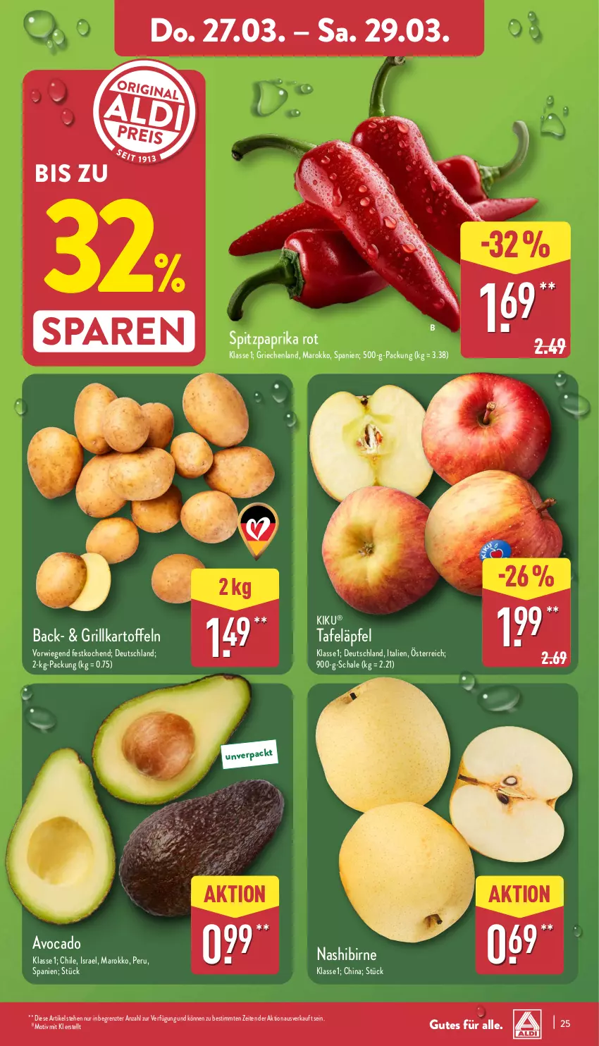 Aktueller Prospekt Aldi Nord - Von Montag - von 24.03 bis 29.03.2025 - strona 27 - produkty: avocado, grill, kartoffel, kartoffeln, Nashi, paprika, paprika rot, Schal, Schale, Spitzpaprika, tafeläpfel, Ti, ZTE