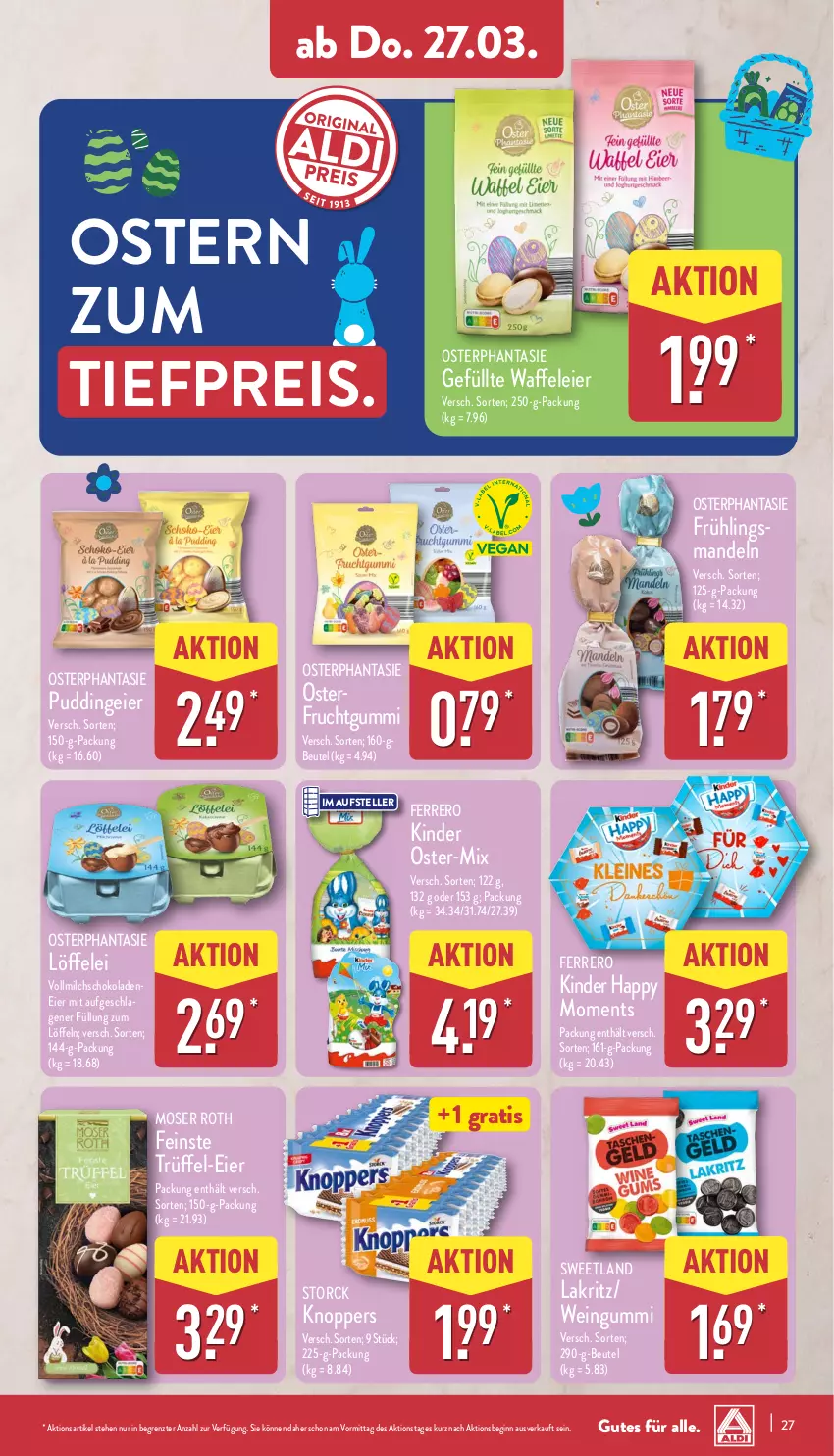 Aktueller Prospekt Aldi Nord - Von Montag - von 24.03 bis 29.03.2025 - strona 29 - produkty: beutel, eier, eis, elle, ferrero, frucht, fruchtgummi, gin, Kinder, knoppers, Lakritz, Löffel, mandel, mandeln, milch, moser, Moser Roth, pudding, reis, schoko, schokolade, schokoladen, storck, Sweetland, teller, Ti, tiefpreis, Trüffel, vollmilch, wein, ZTE